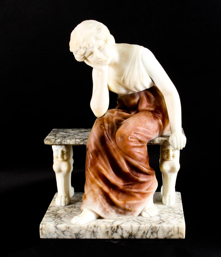 Antique Alabaster Sculpture Wistfulness Young Lady on a Bench, Late