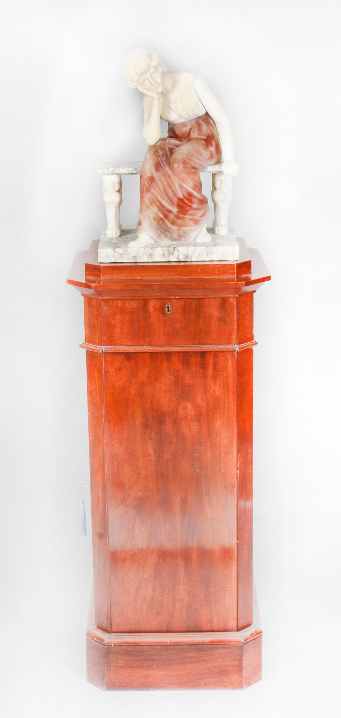 This is a splendid antique Italian Florentine alabaster sculpture of a young sweetheart on a bench, entitled Wistfulness and circa 1880 in date.

This magnificent antique sculpture is made from stunning white and red alabaster and grey white marble.