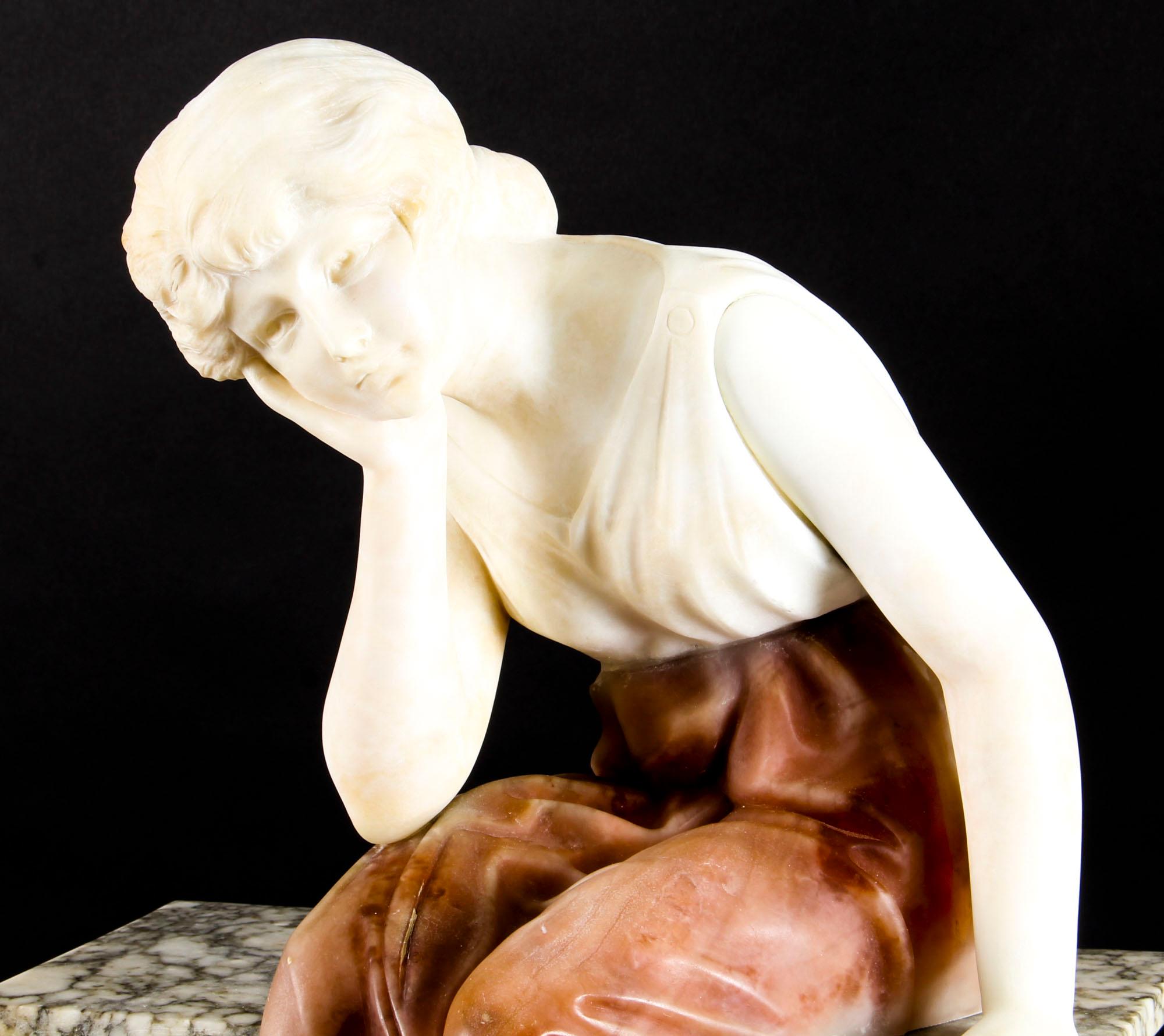 Antique Alabaster Sculpture Wistfulness Young Lady on a Bench, Late 19th Century In Good Condition In London, GB