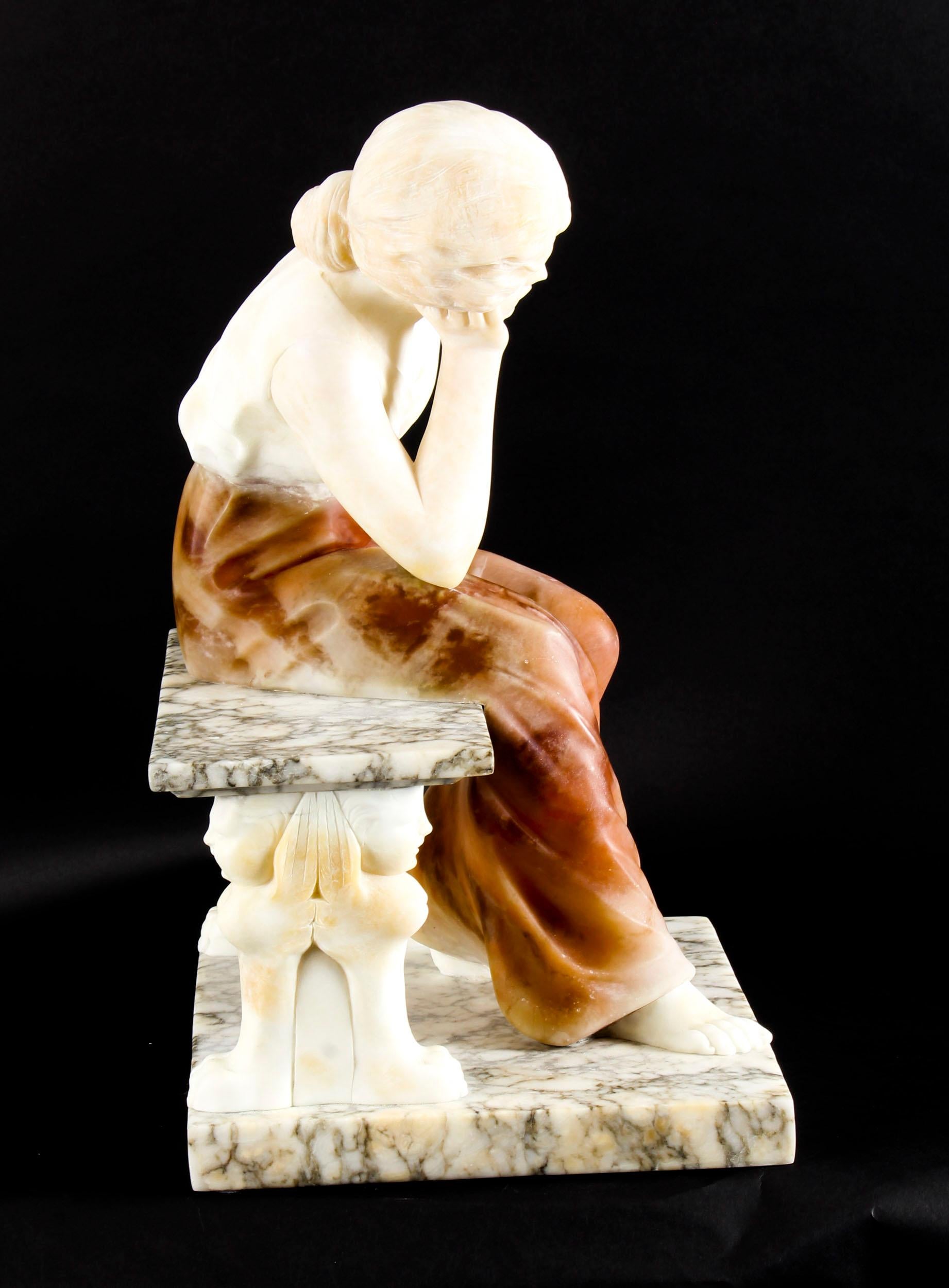 Antique Alabaster Sculpture Wistfulness Young Lady on a Bench, Late 19th Century 3