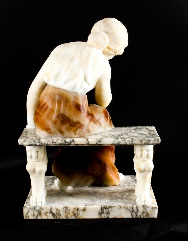 Antique Alabaster Sculpture Wistfulness Young Lady on a Bench, Late