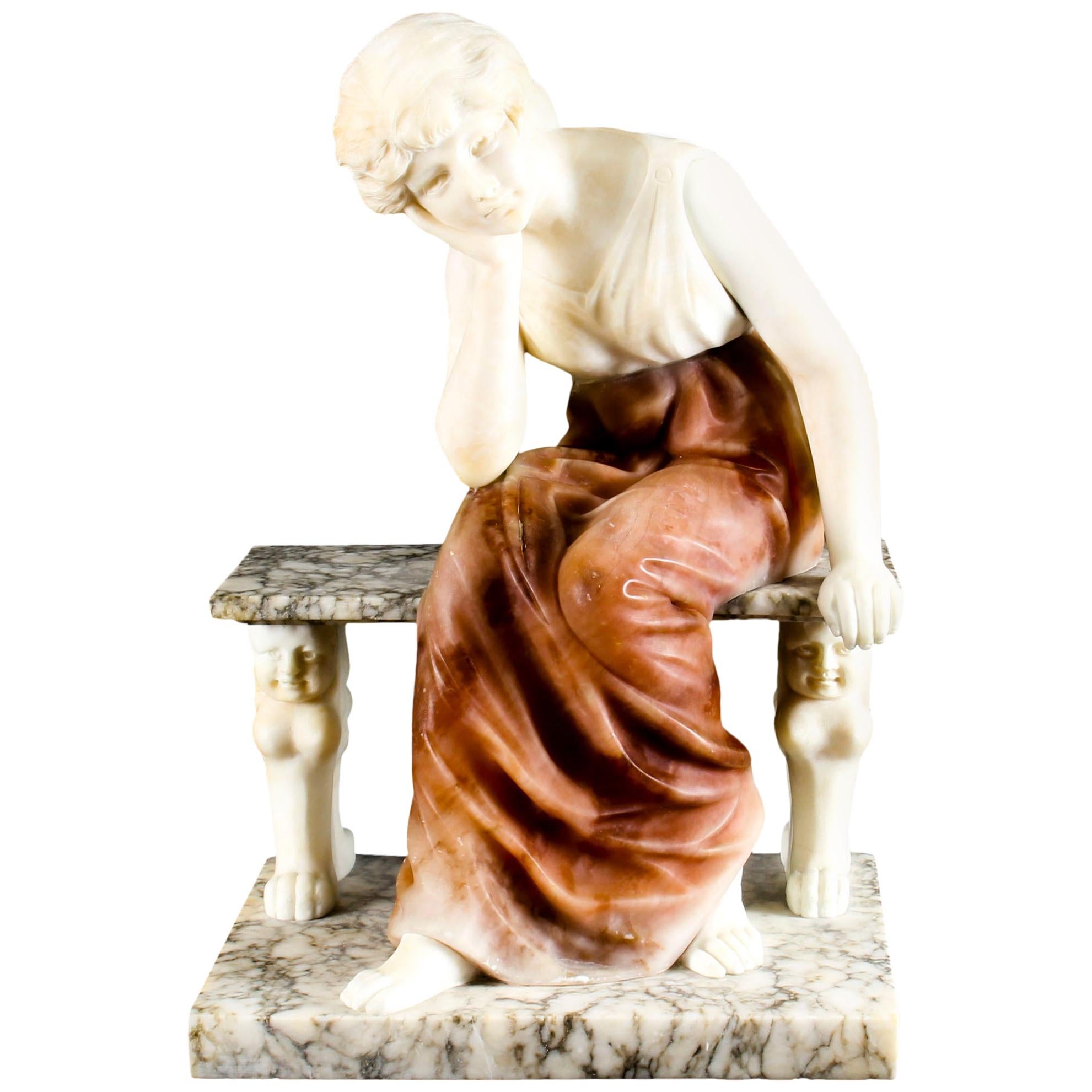 Antique Alabaster Sculpture Wistfulness Young Lady on a Bench, Late 19th Century