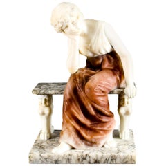 Antique Alabaster Sculpture Wistfulness Young Lady on a Bench, Late 19th Century