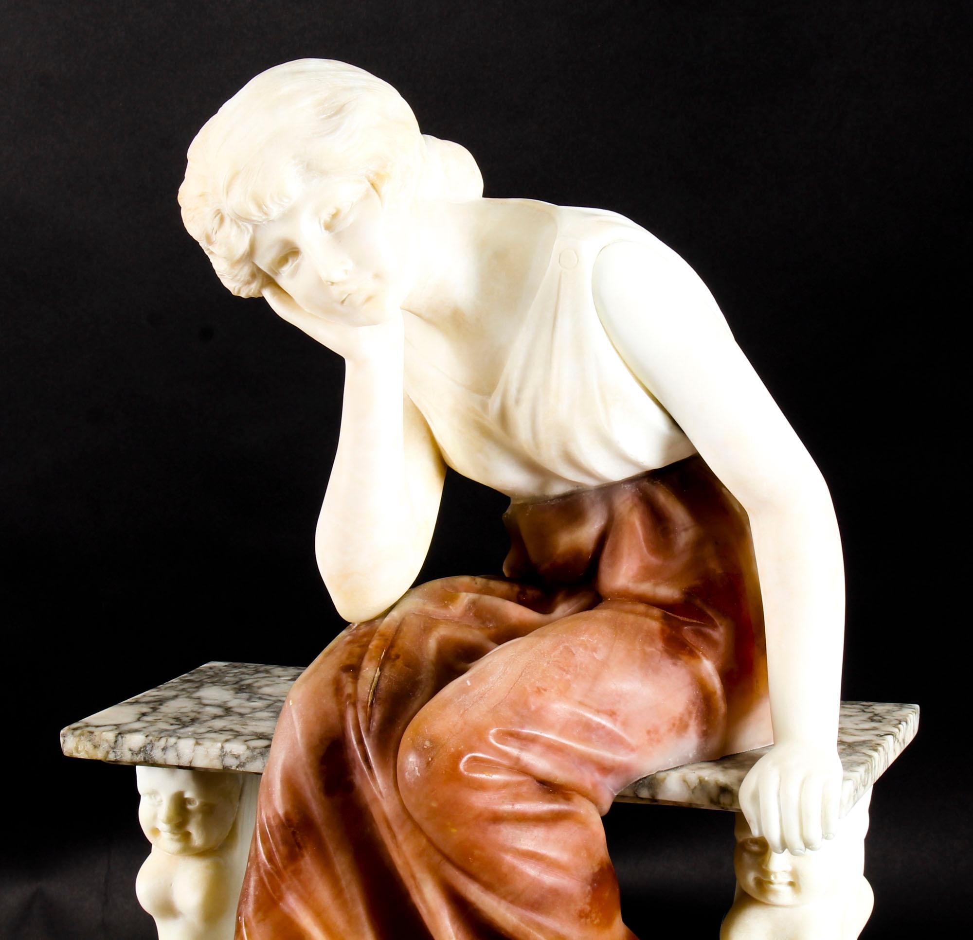 Italian Alabaster Sculpture Wistfulness Young Lady on Bench on Pedestal, 19th Century