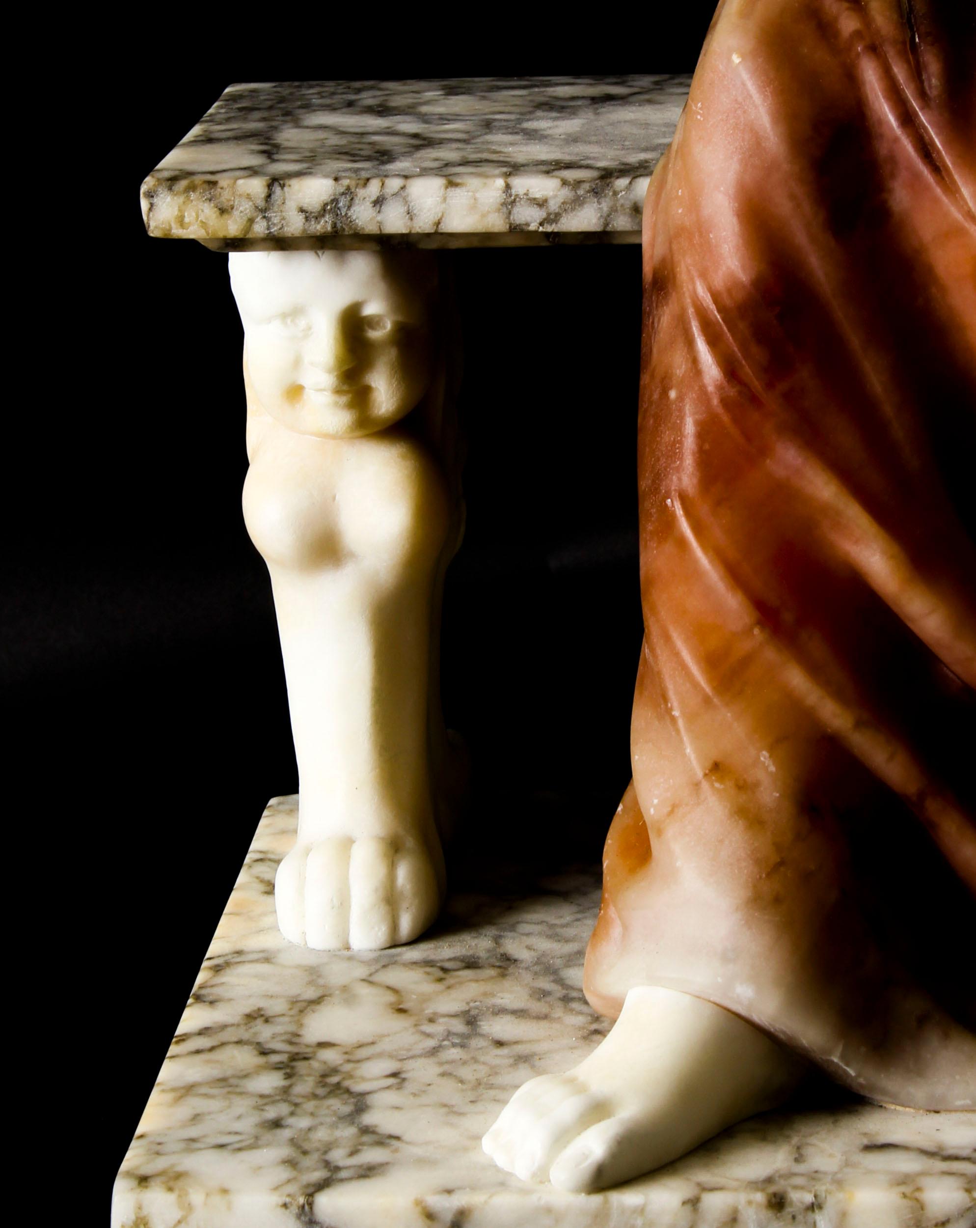 Alabaster Sculpture Wistfulness Young Lady on Bench on Pedestal, 19th Century 1