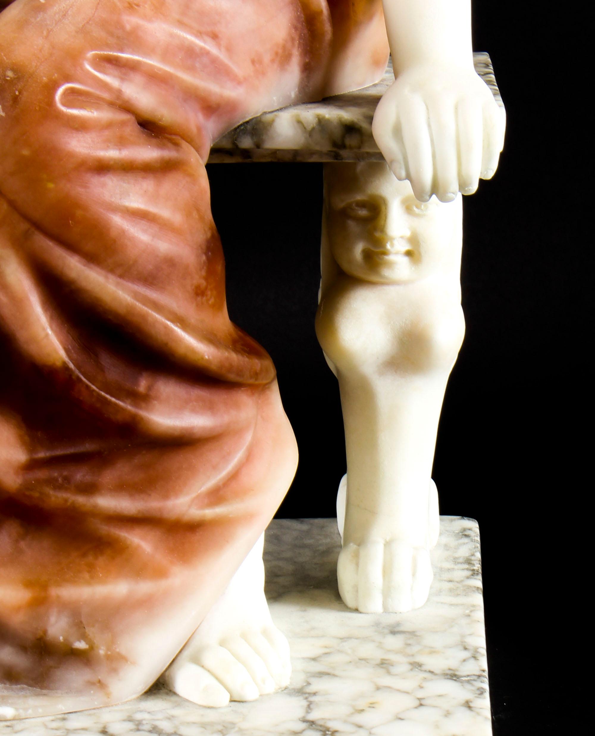 Alabaster Sculpture Wistfulness Young Lady on Bench on Pedestal, 19th Century 2
