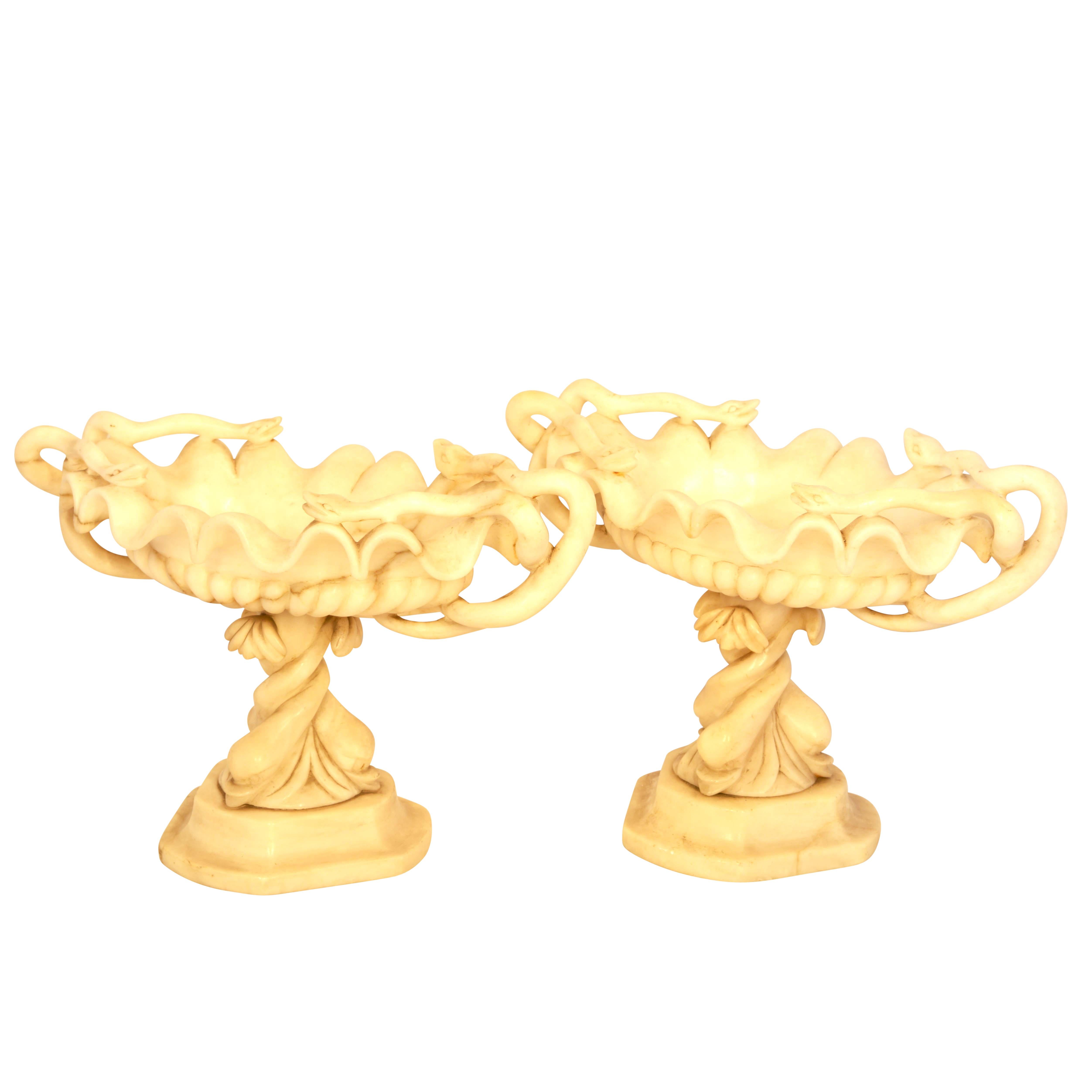 Louis XV Antique Alabaster Tazza with Snake Handles Pair For Sale