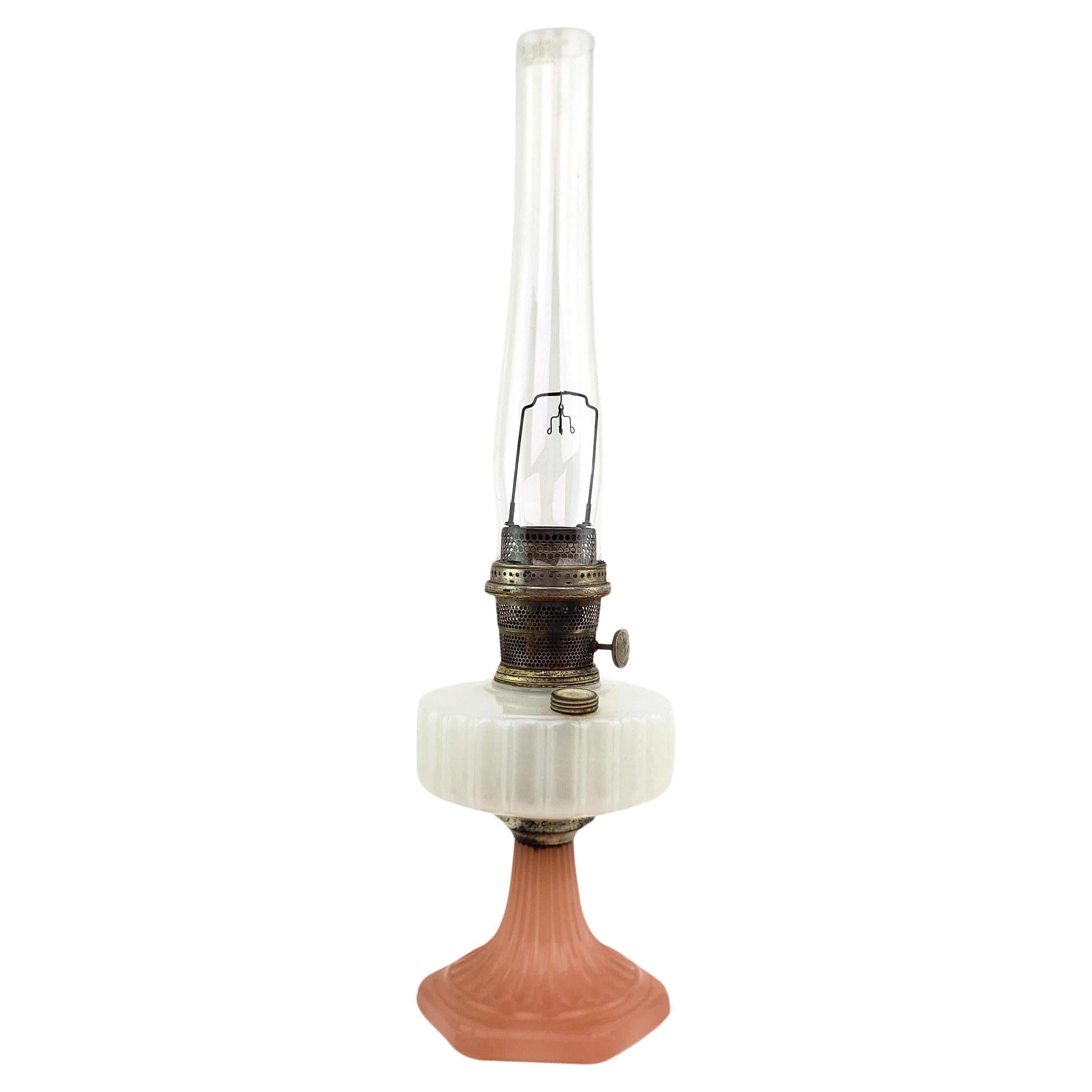 Antique Aladdin Pink & Moonstone Glass Kerosene Table Lamp with Model 13 Burner