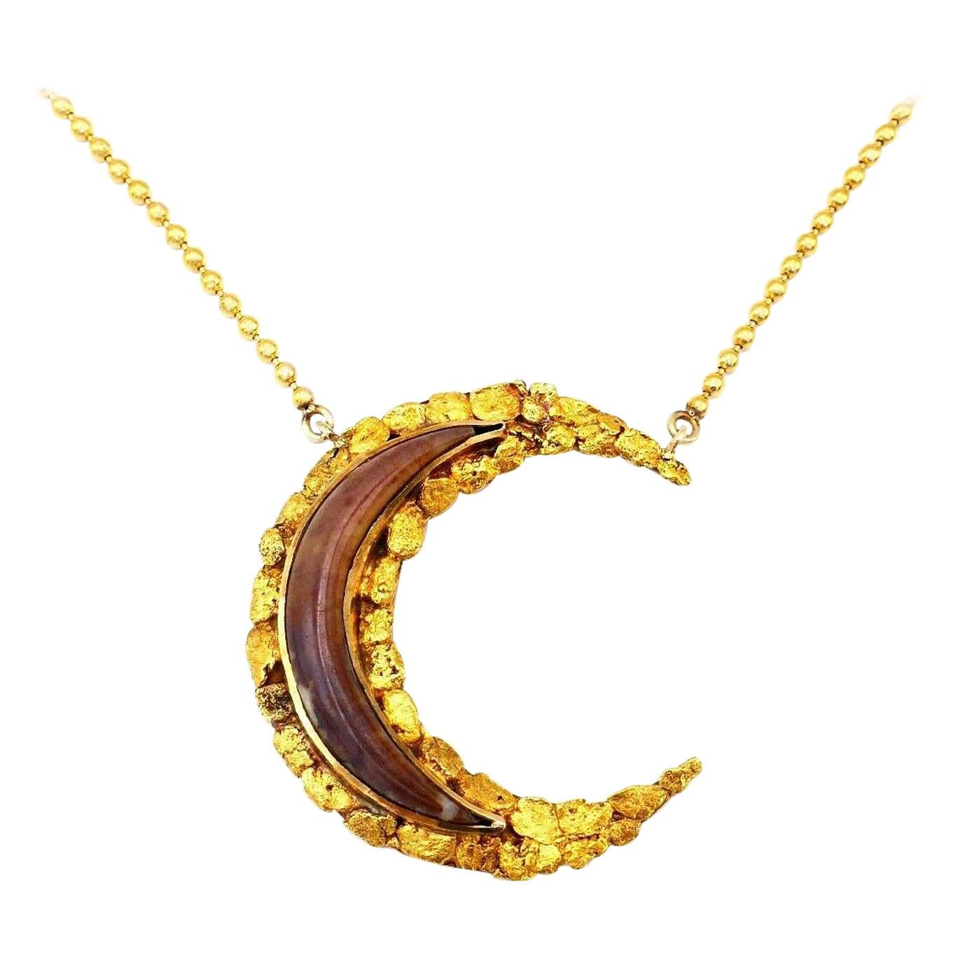 Antique Alaskan 14k Yellow Gold Horn Medham Crescent Necklace For Sale