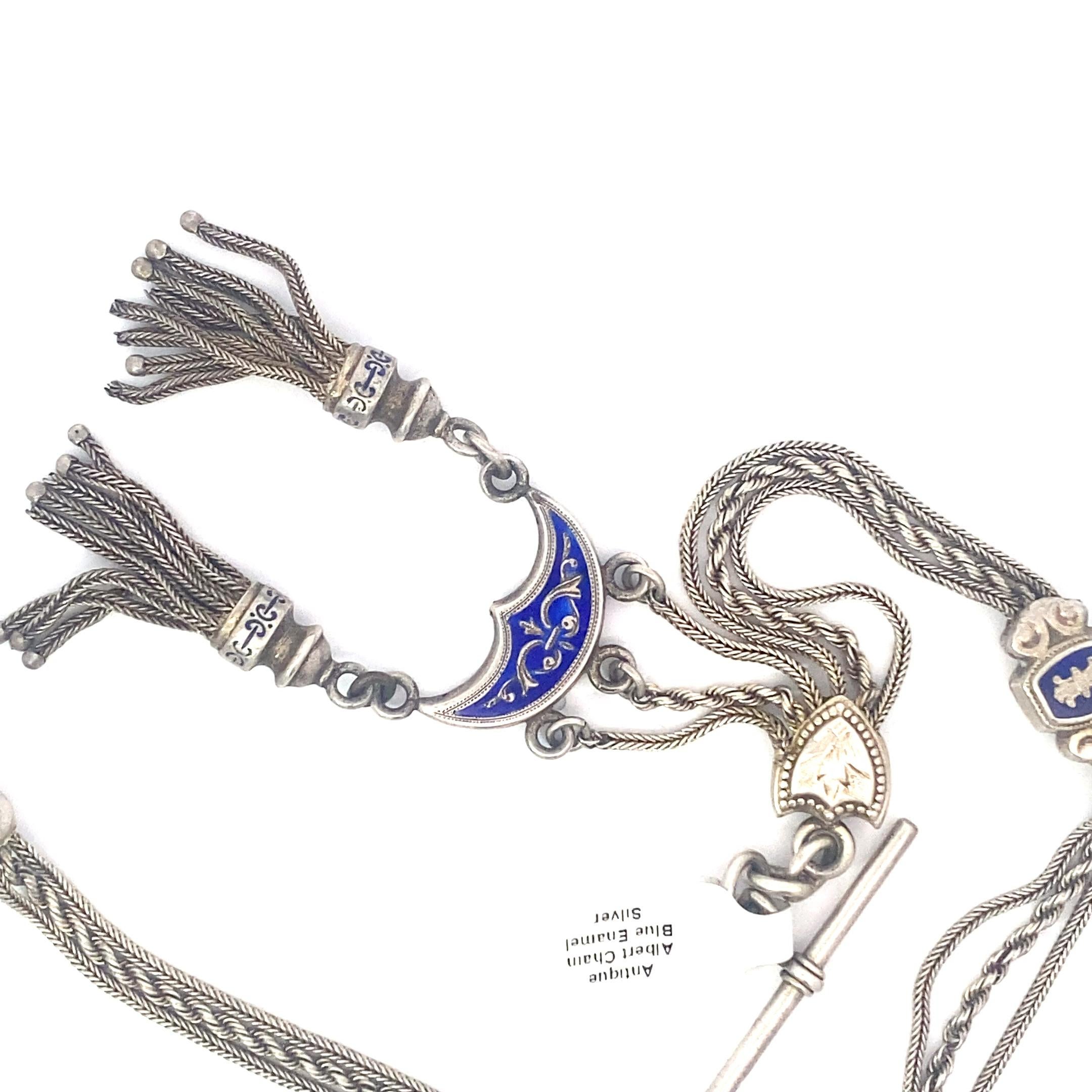 Antique Albert Chain (Blue Enamel, Silver) In Good Condition For Sale In Brooklyn, NY