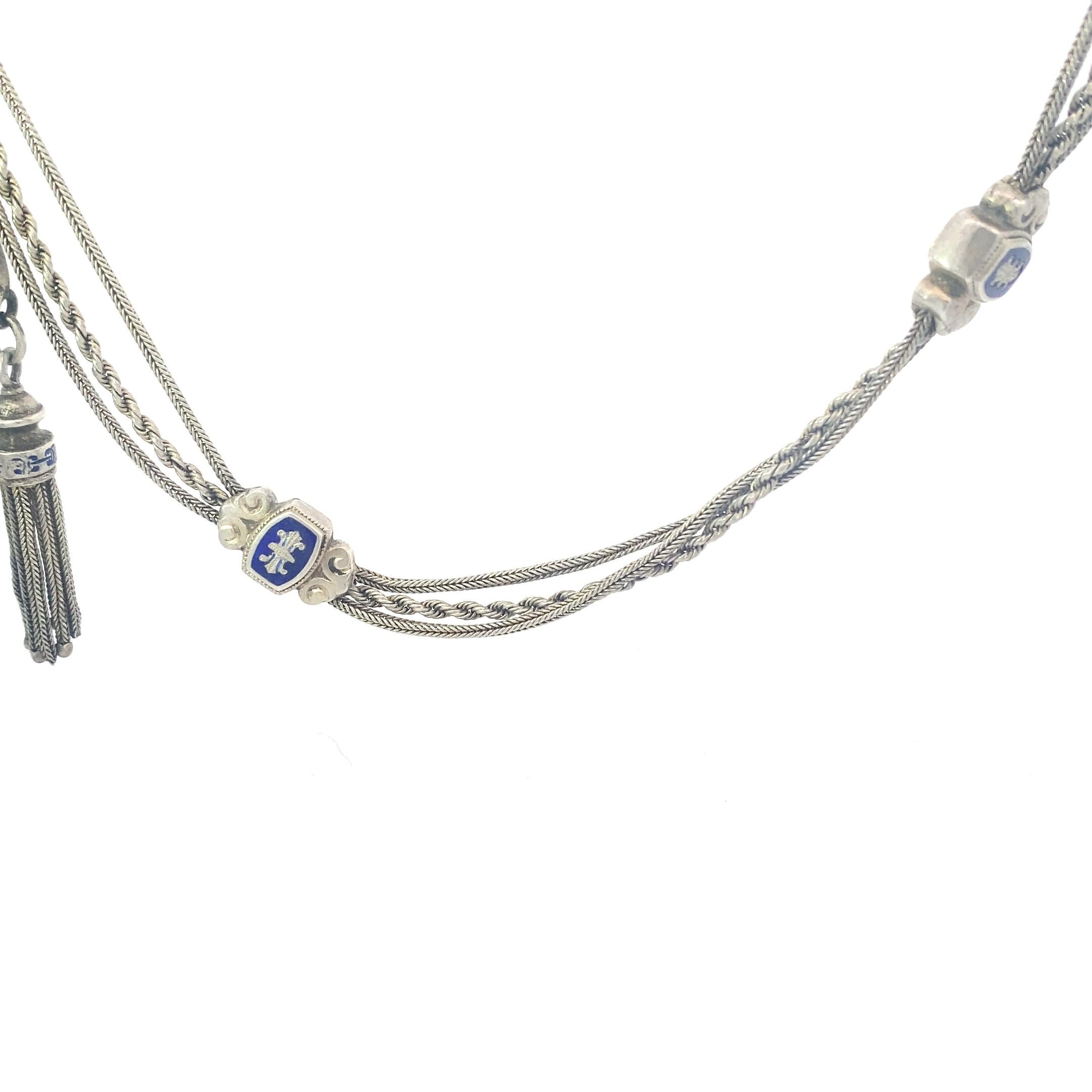 Women's or Men's Antique Albert Chain (Blue Enamel, Silver) For Sale