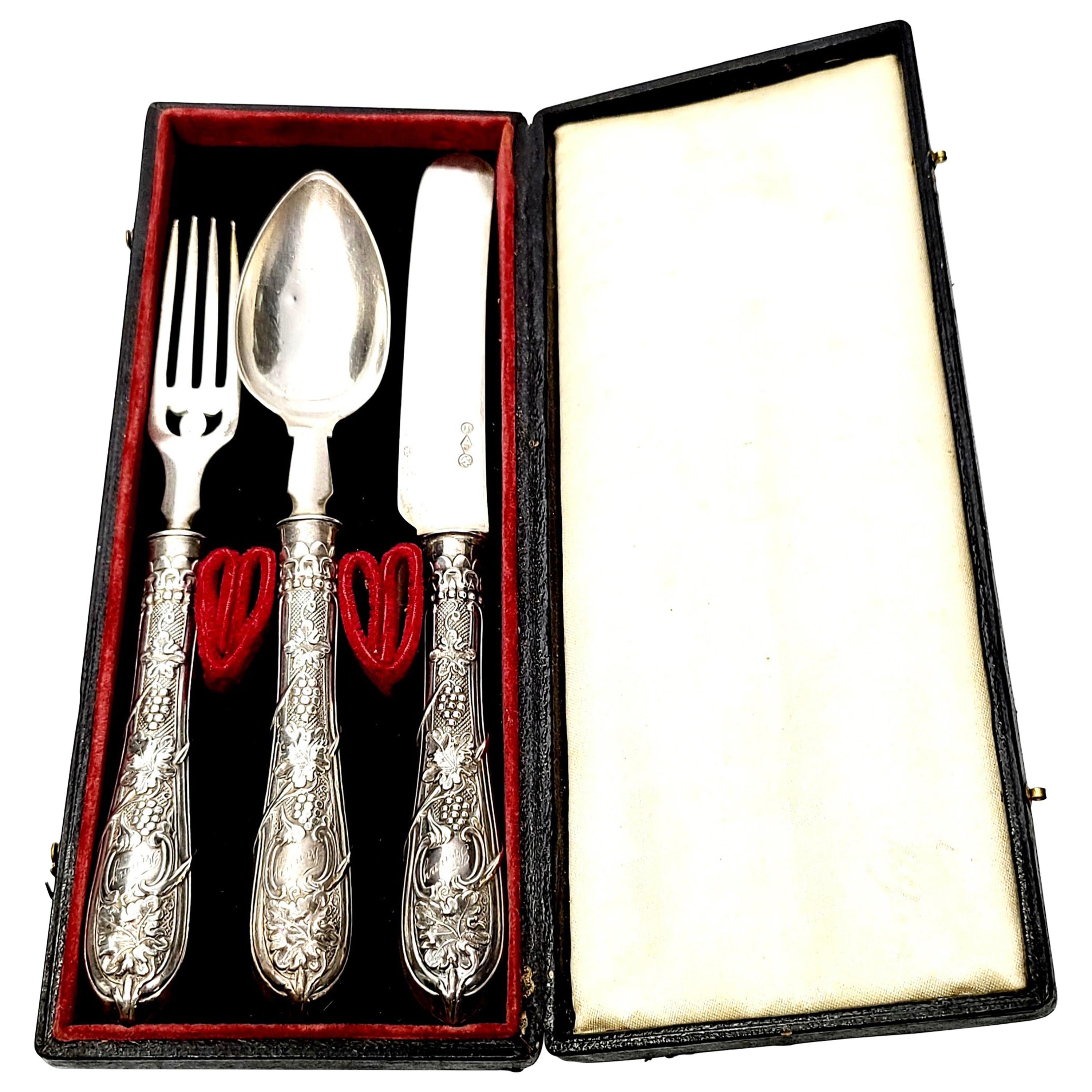Antique Albert Coles Coin Silver Fork Spoon Knife Set with Box For Sale
