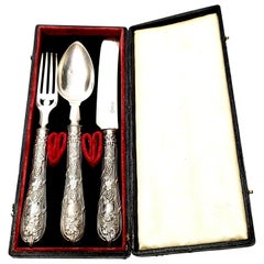 Antique Albert Coles Coin Silver Fork Spoon Knife Set with Box
