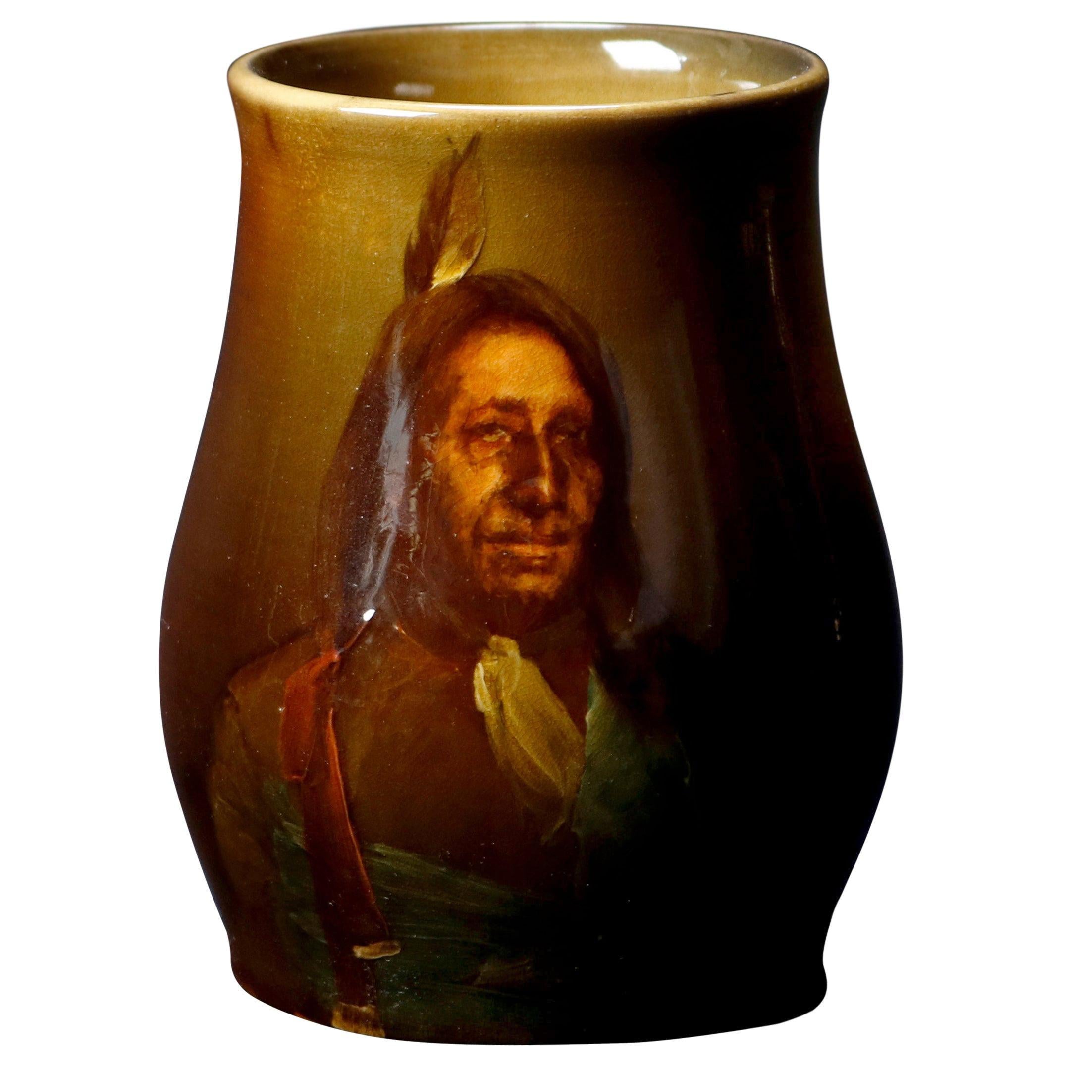 Antique Albert Valentien for Rookwood Art Pottery American Indian Portrait Mug