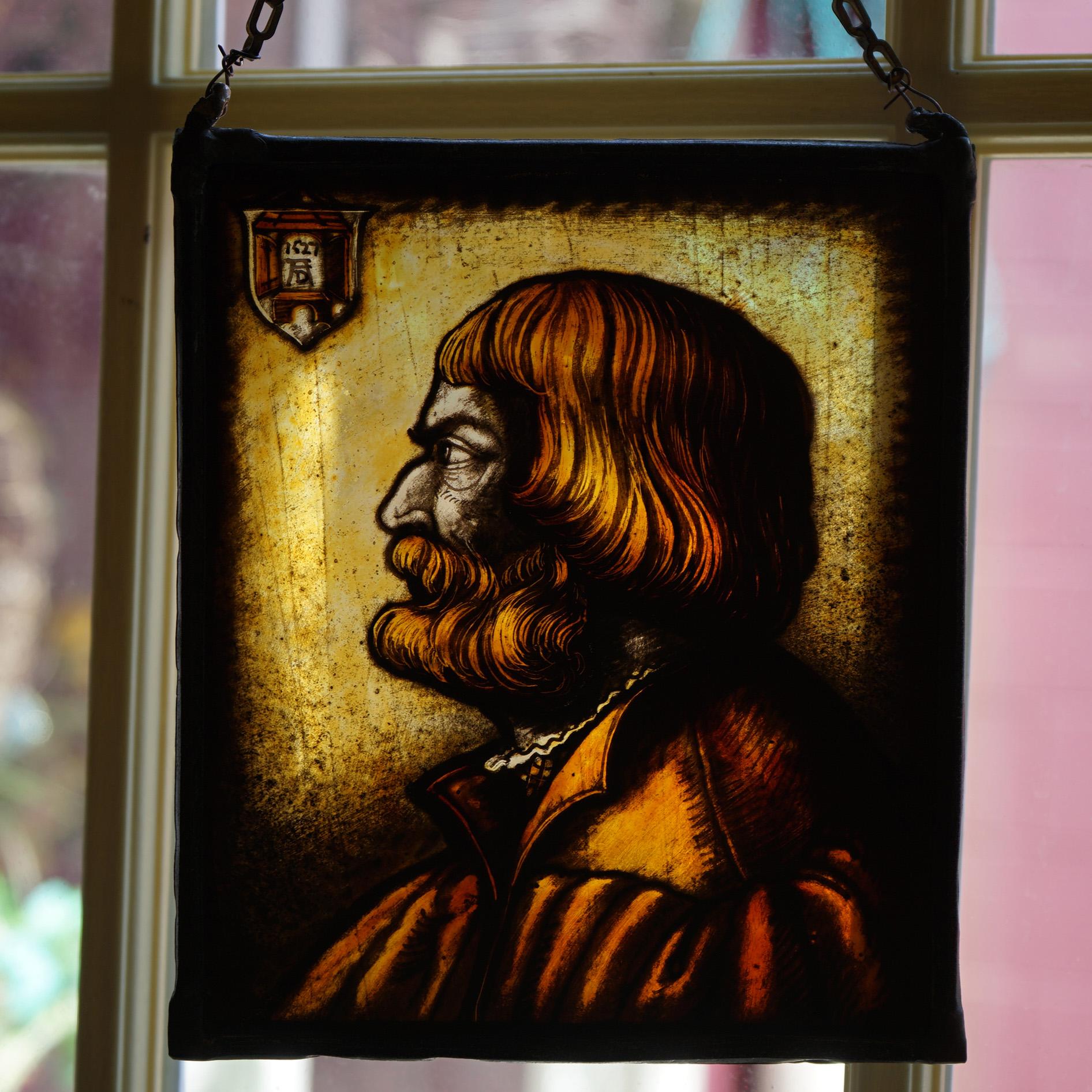 Hand-Painted Antique Albrecht Durer Hand Painted Glass Portrait Panel C1890