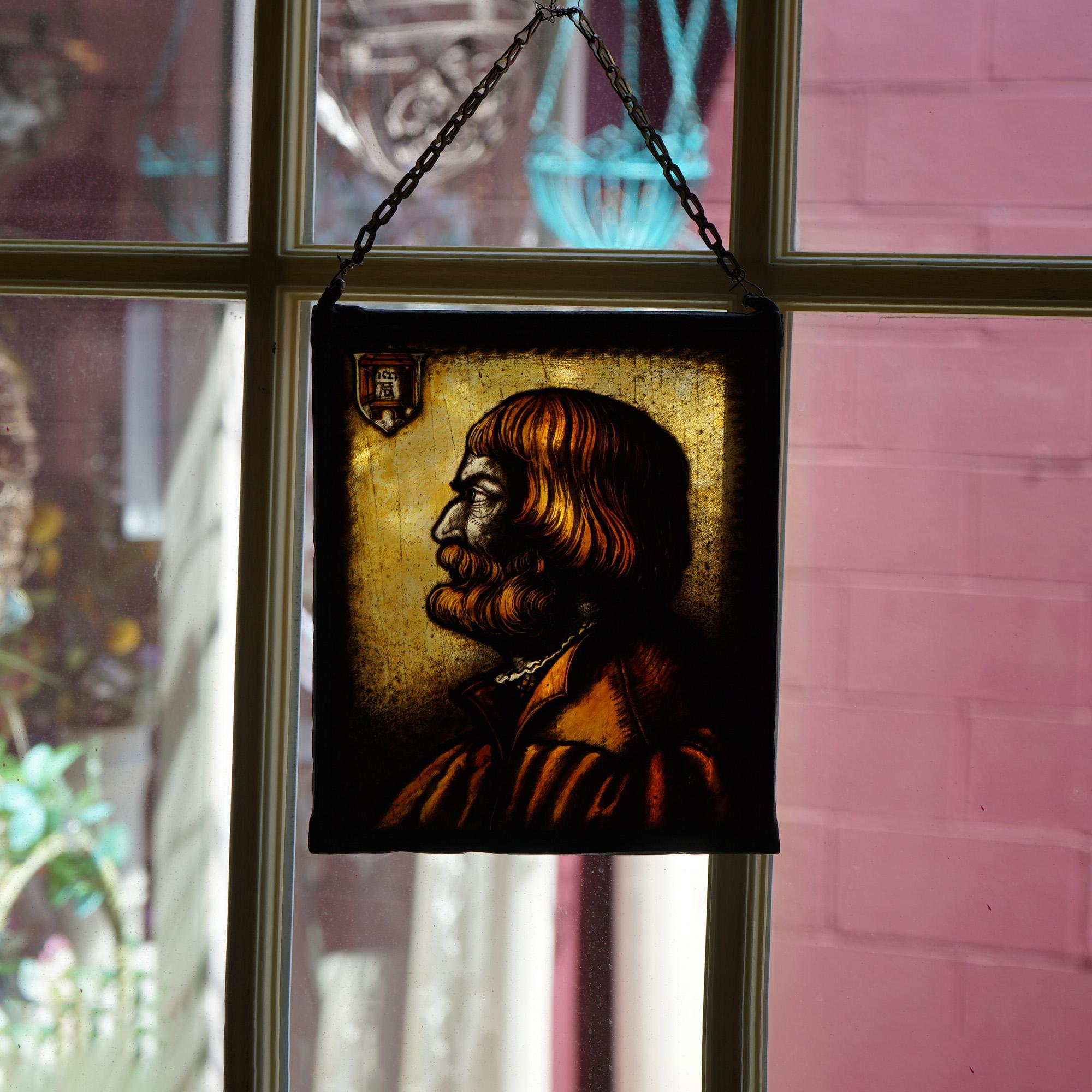 Antique Albrecht Durer Hand Painted Glass Portrait Panel C1890 In Good Condition In Big Flats, NY