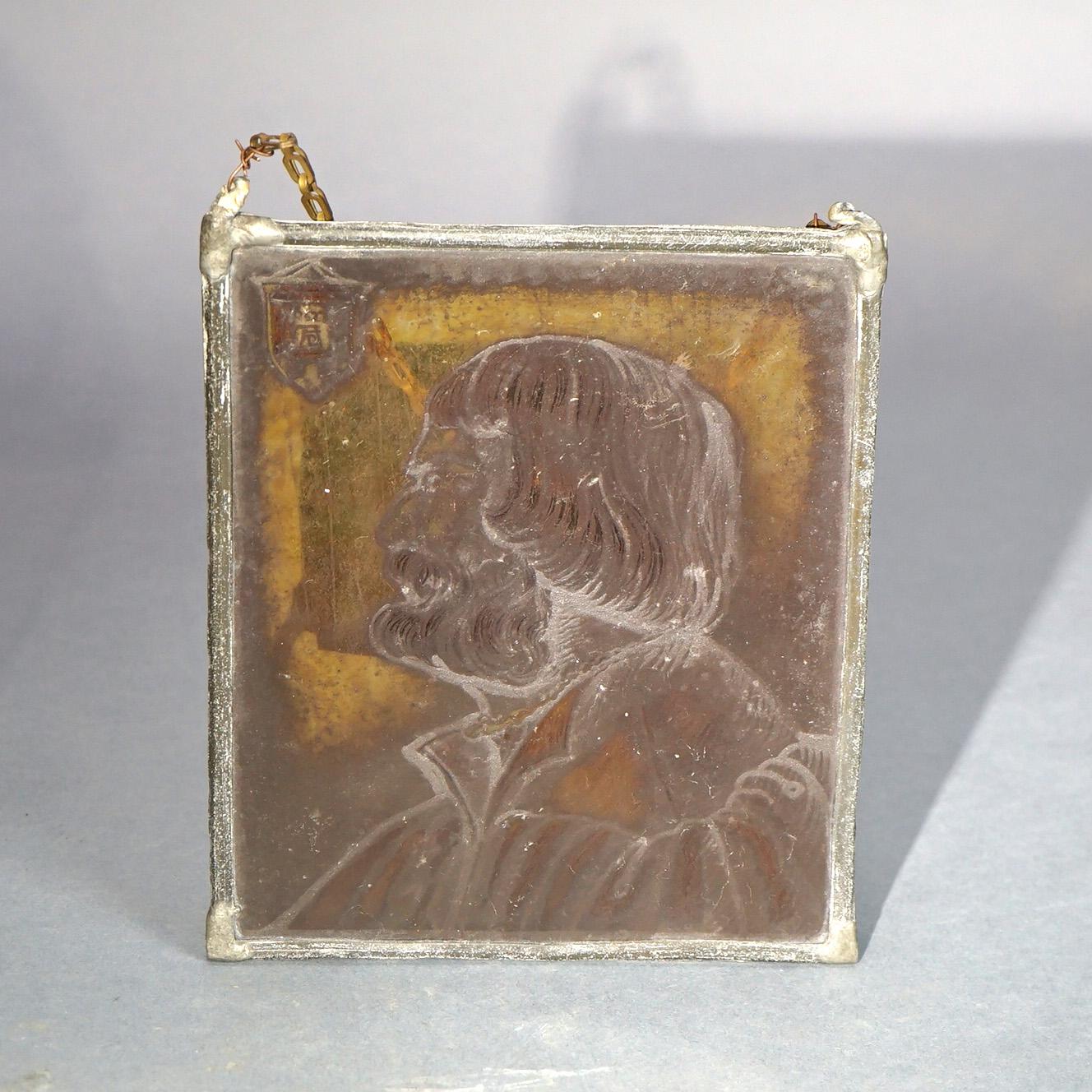 19th Century Antique Albrecht Durer Hand Painted Glass Portrait Panel C1890