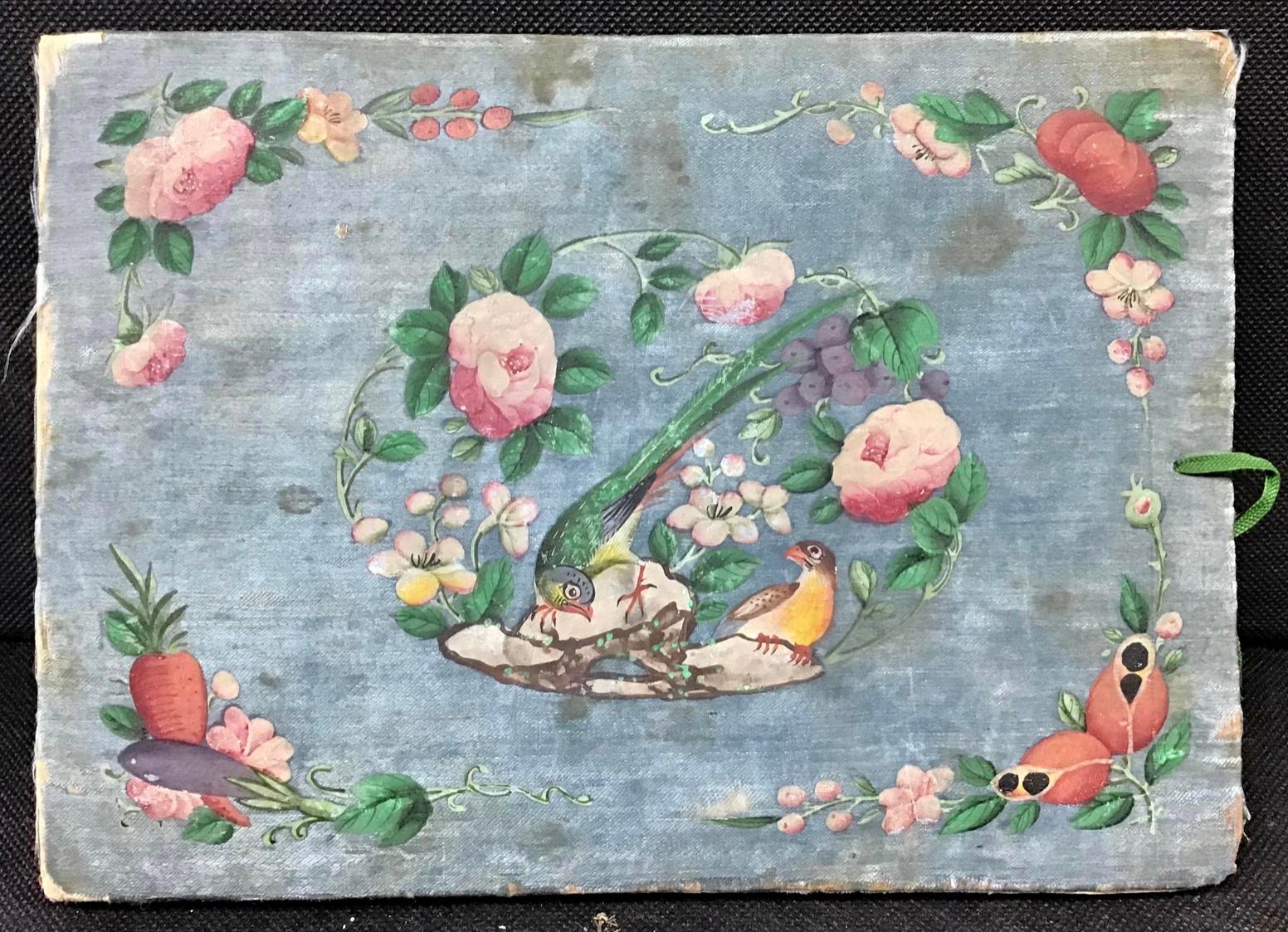 Vibrant set of 12 gouache paintings on pith paper still in the original silk covered hand painted book. Mid-19th century Chinese. Very good condition with some splits and tears as would be expected. The set depicting Chinese ceremonial court scenes