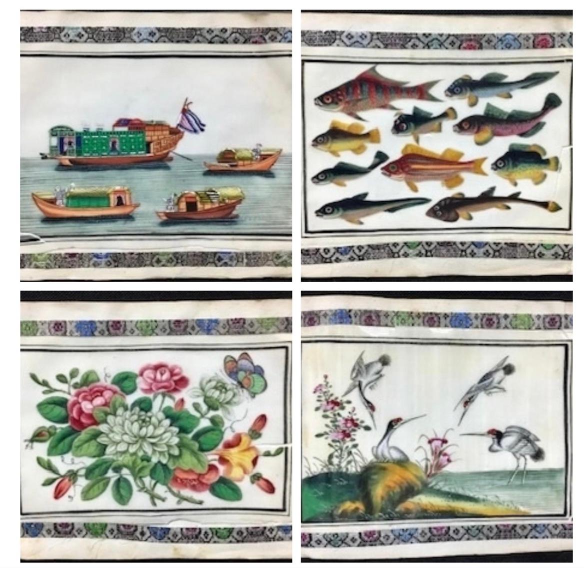 Hand-Painted Antique Album Chinese 12 Gouache Paintings Pith Paper, 1850