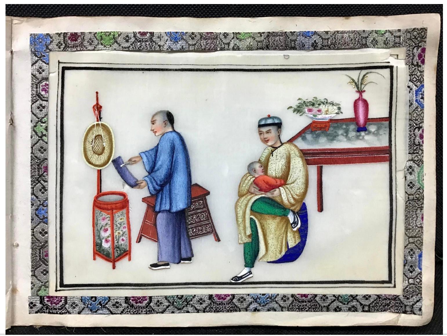 19th Century Antique Album Chinese 12 Gouache Paintings Pith Paper, 1850
