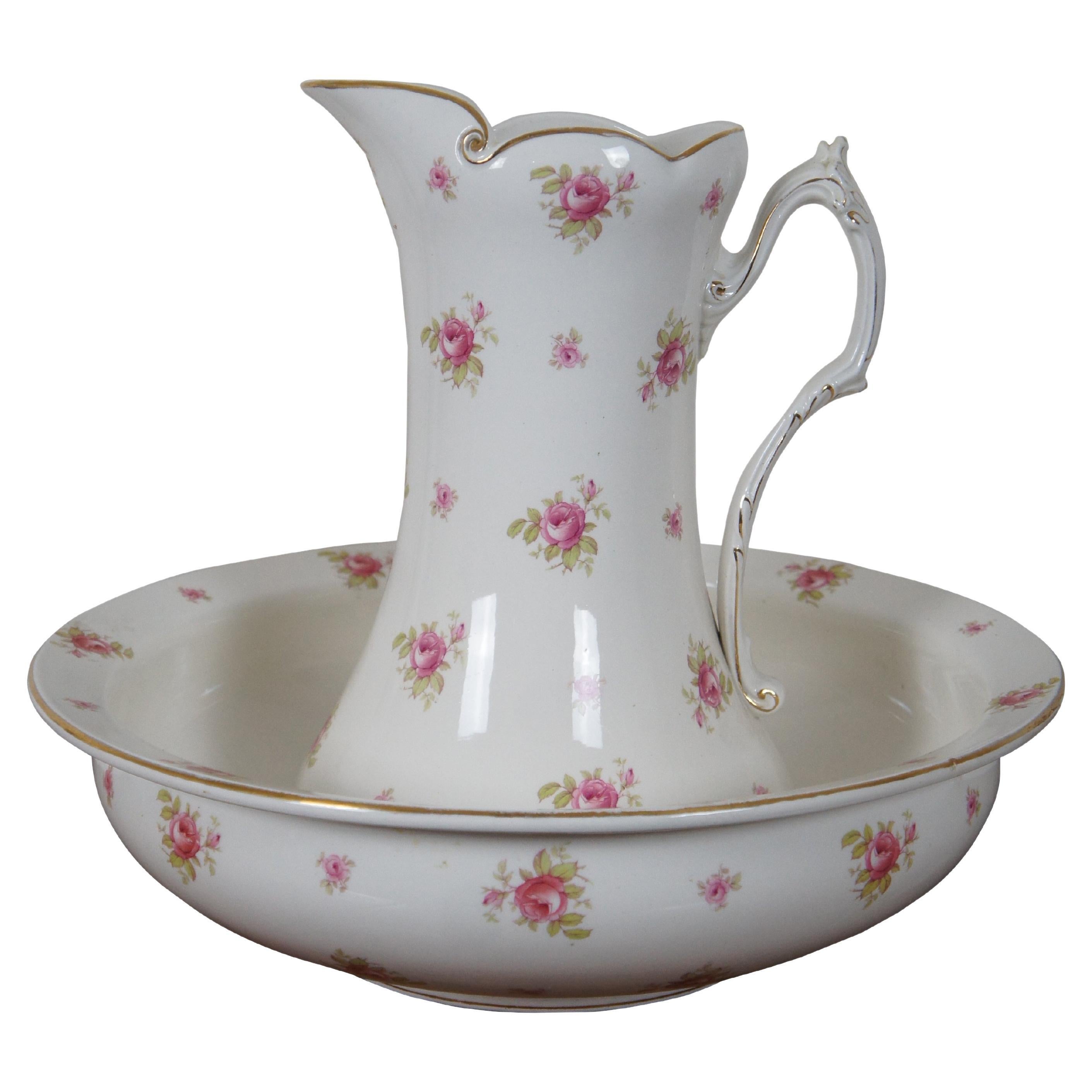Antique Alfred B Pearce Porcelain Rose Pitcher Ewer Wash Basin Bowl London For Sale