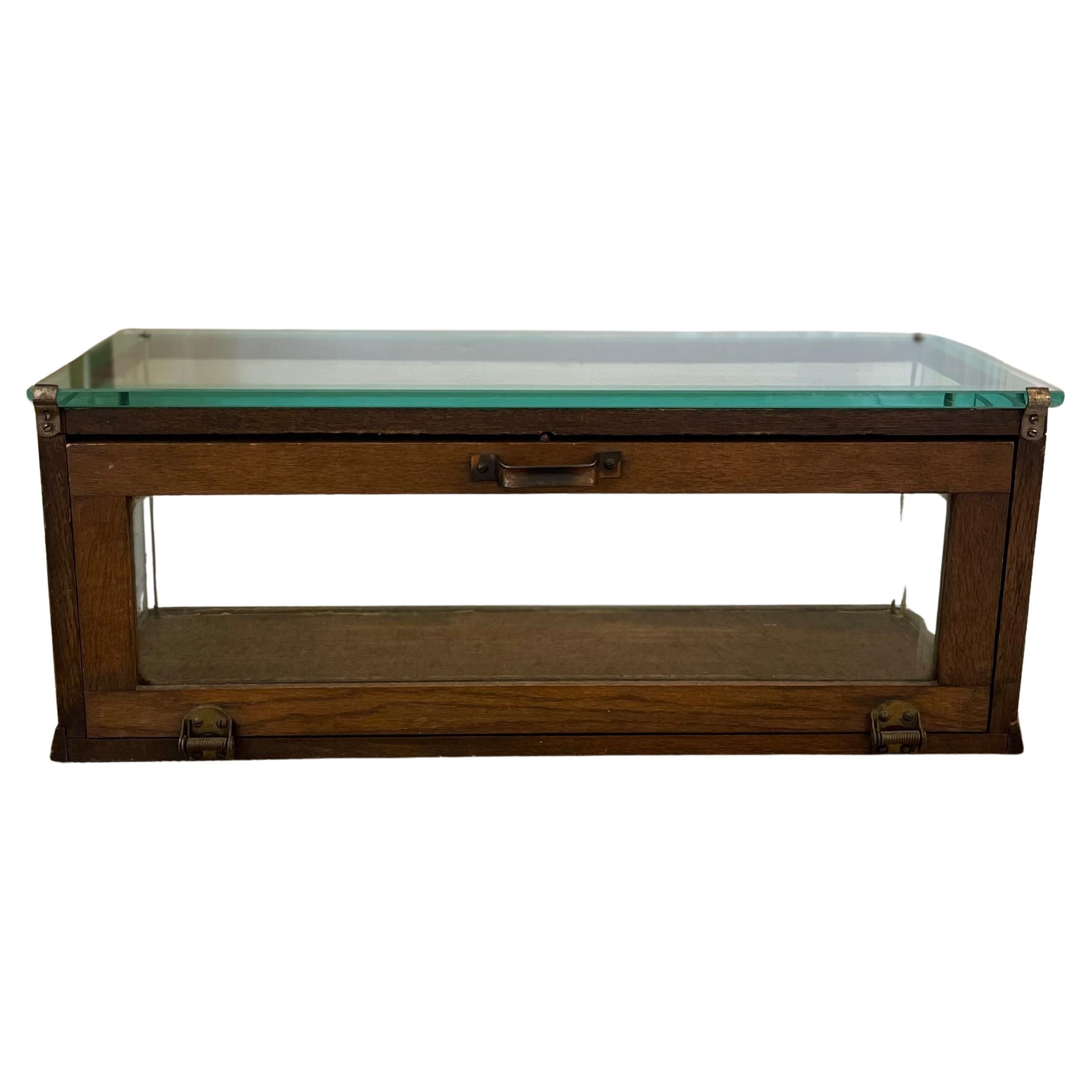 Antique Alfred Noack Oak and Glass Countertop Display Case with Brass Hardware. For Sale