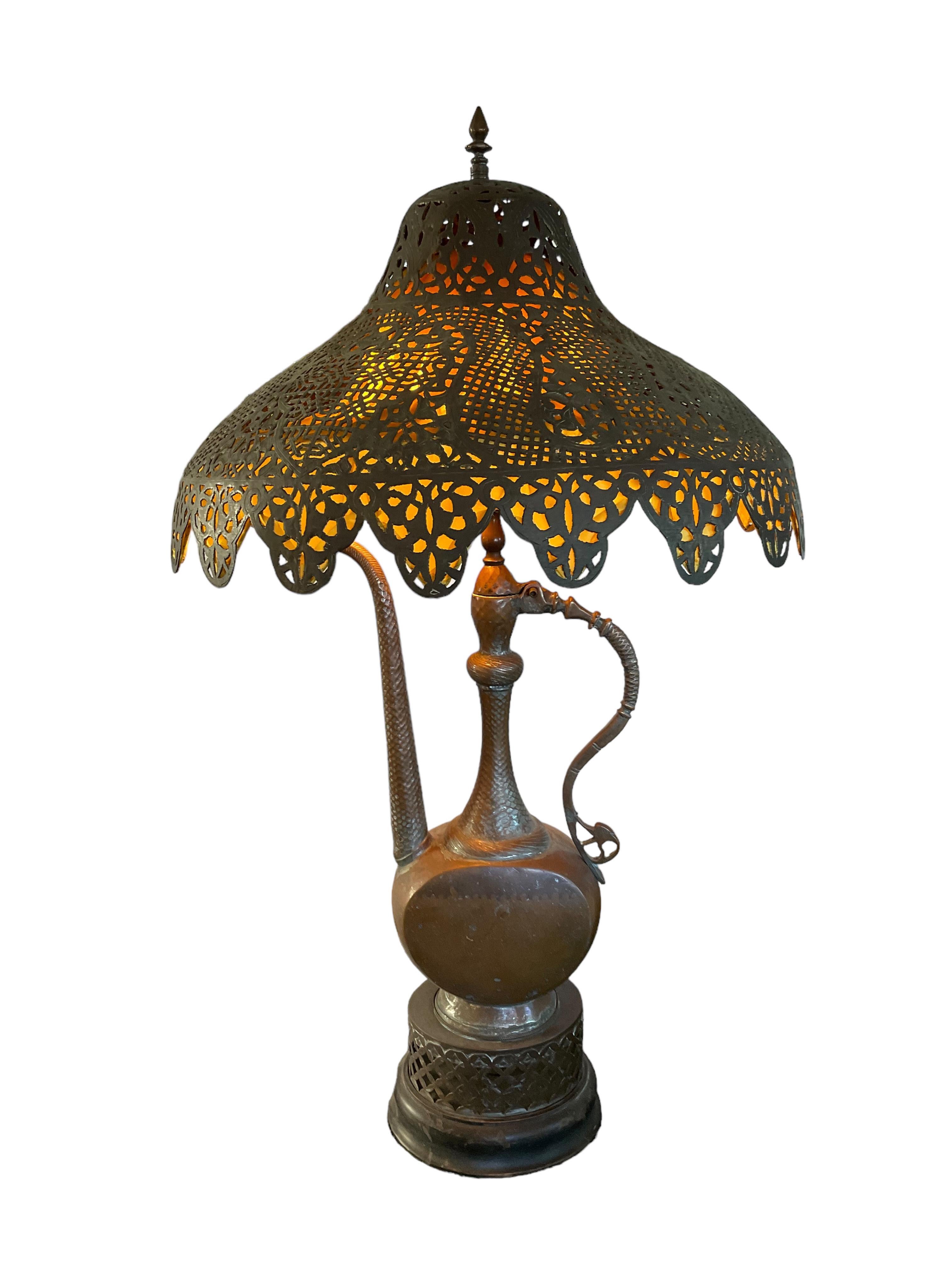 Antique All Original Moroccan Islamic Copper Ewer Lamp Pierced Metal Lampshade For Sale 7