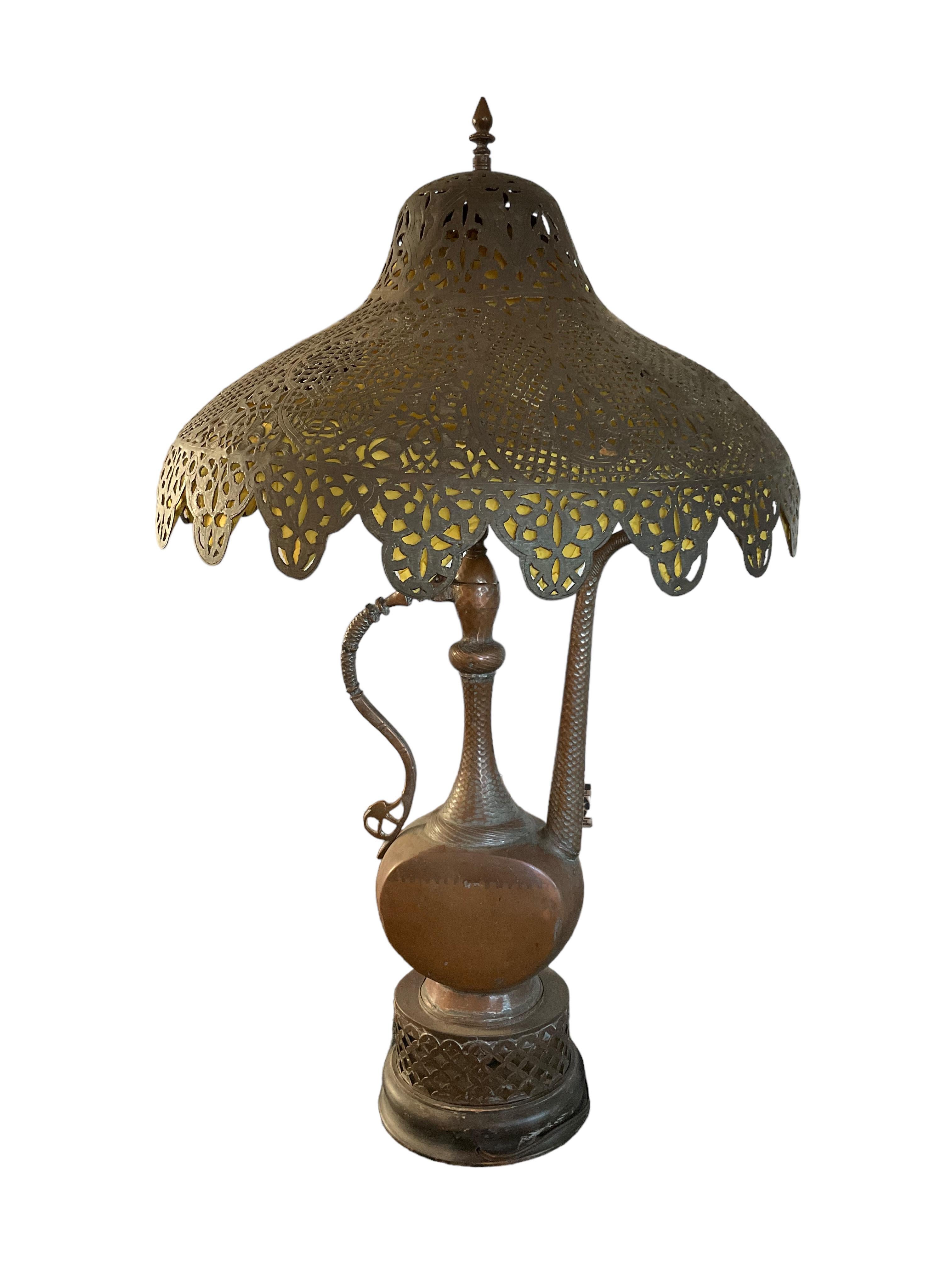 Antique All Original Moroccan Islamic Copper Ewer Lamp Pierced Metal Lampshade In Good Condition For Sale In San Diego, CA