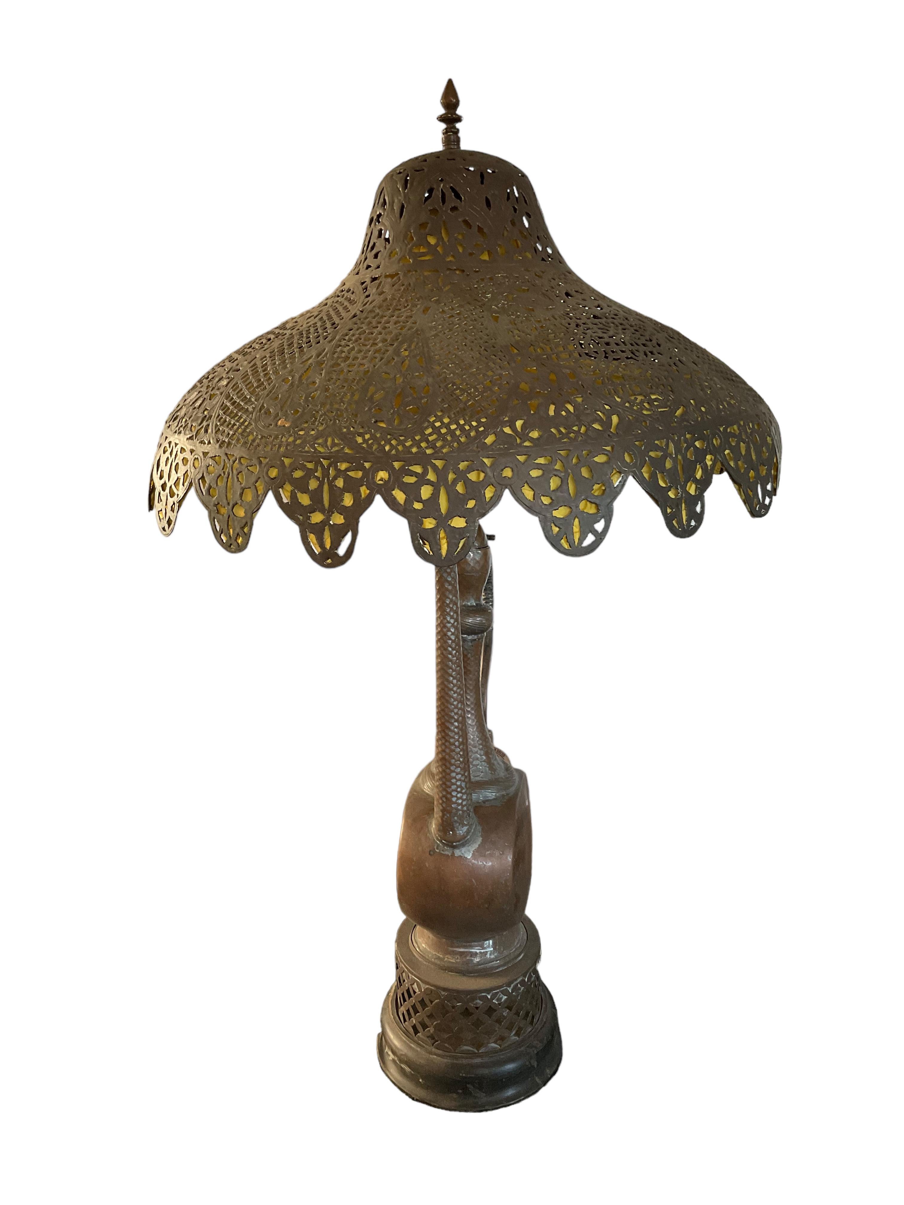 19th Century Antique All Original Moroccan Islamic Copper Ewer Lamp Pierced Metal Lampshade For Sale