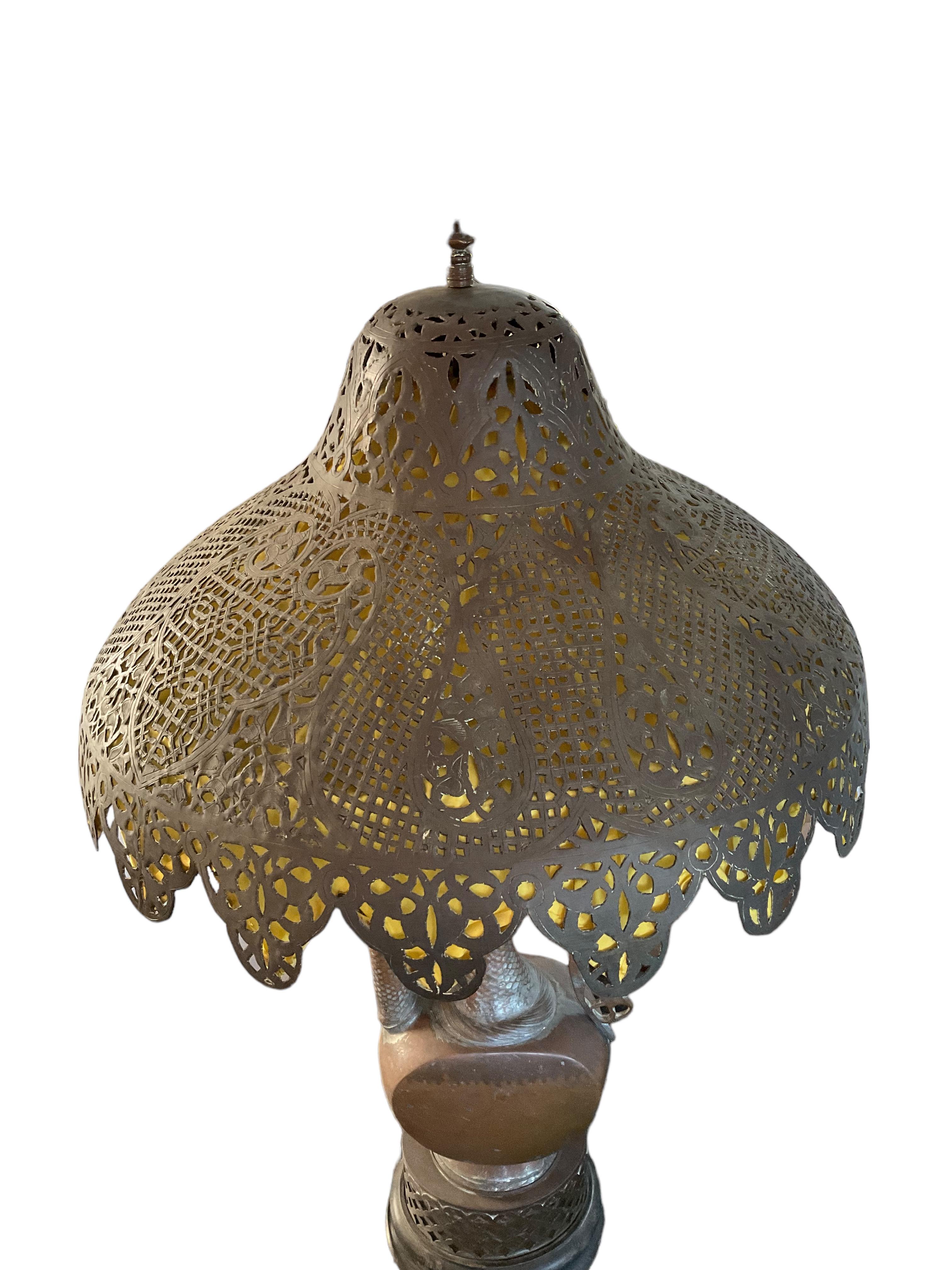 Antique All Original Moroccan Islamic Copper Ewer Lamp Pierced Metal Lampshade For Sale 1