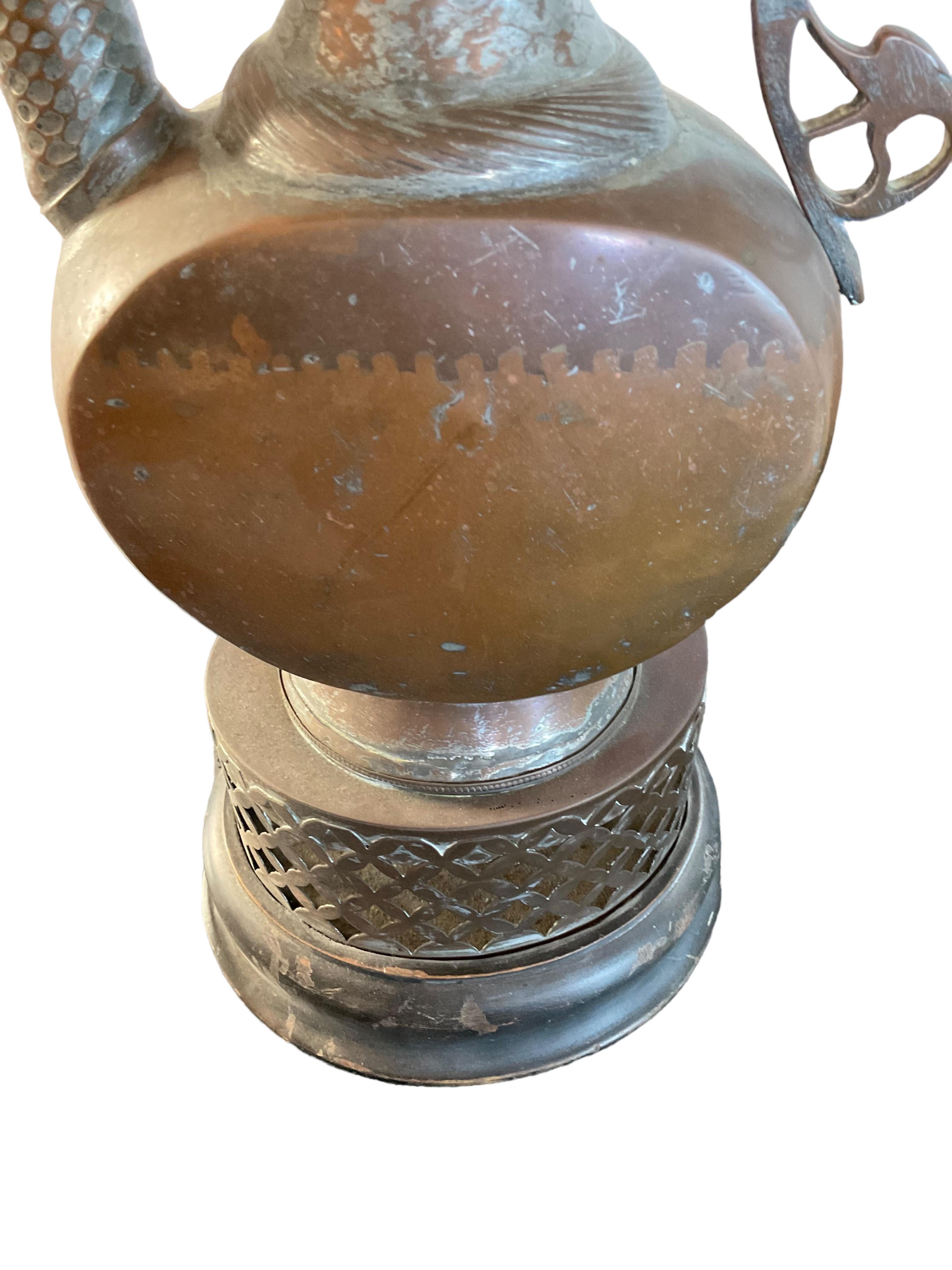 Antique All Original Moroccan Islamic Copper Ewer Lamp Pierced Metal Lampshade For Sale 4