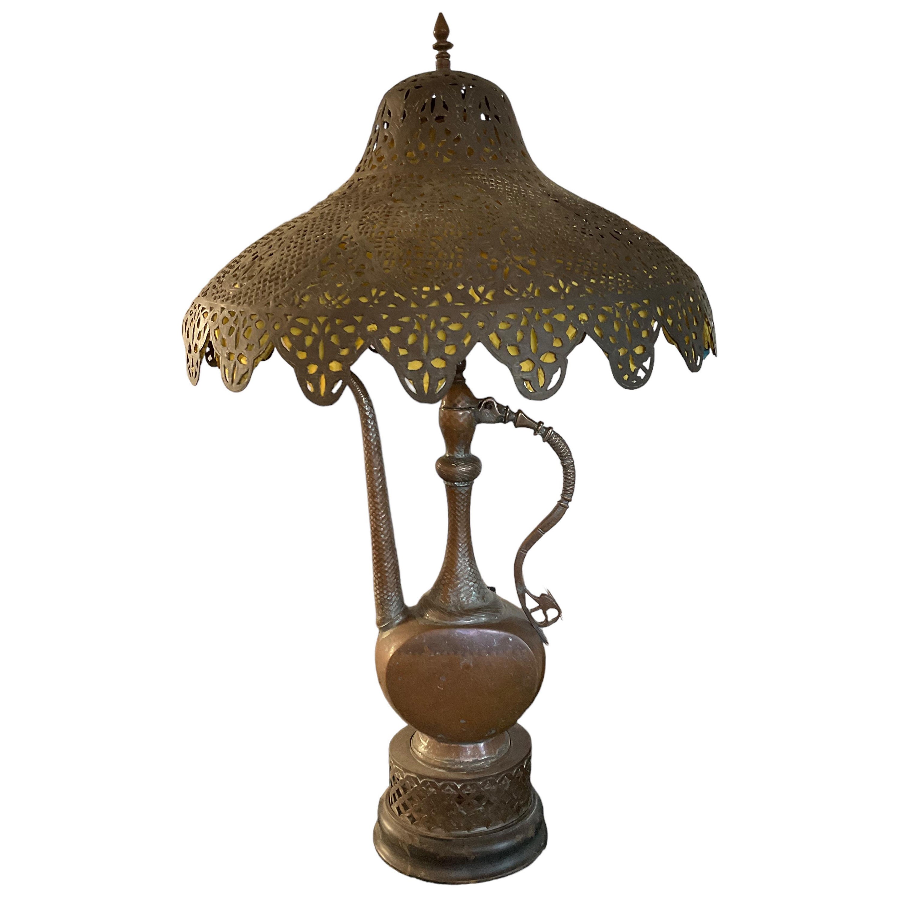 Antique All Original Moroccan Islamic Copper Ewer Lamp Pierced Metal Lampshade For Sale