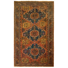 Antique All-Over Orange Beige Geometric Blue Wool Soumak Russian Rug