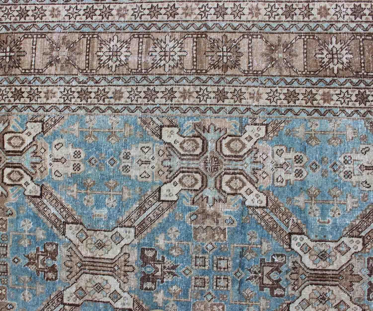 Antique All-Over Pattern Persian Geometric Tabriz Rug in Blue and Taupe For Sale 4