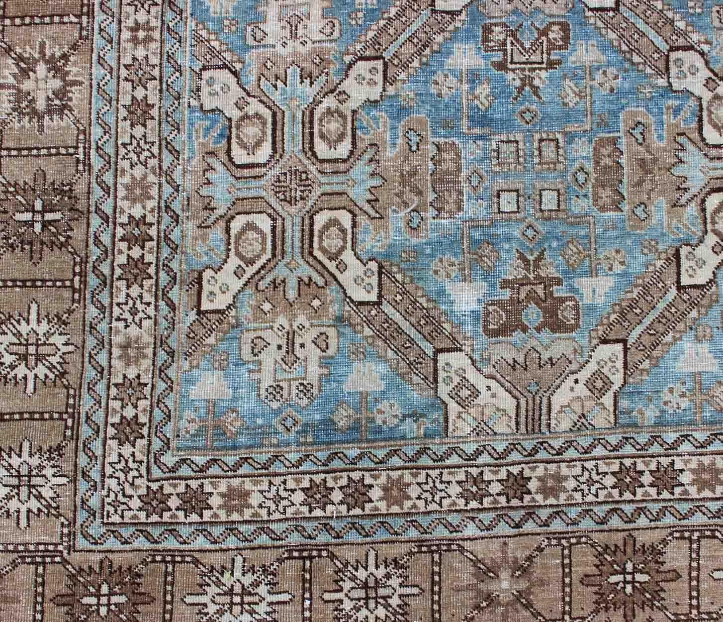 Antique All-Over Pattern Persian Geometric Tabriz Rug in Blue and Taupe For Sale 5