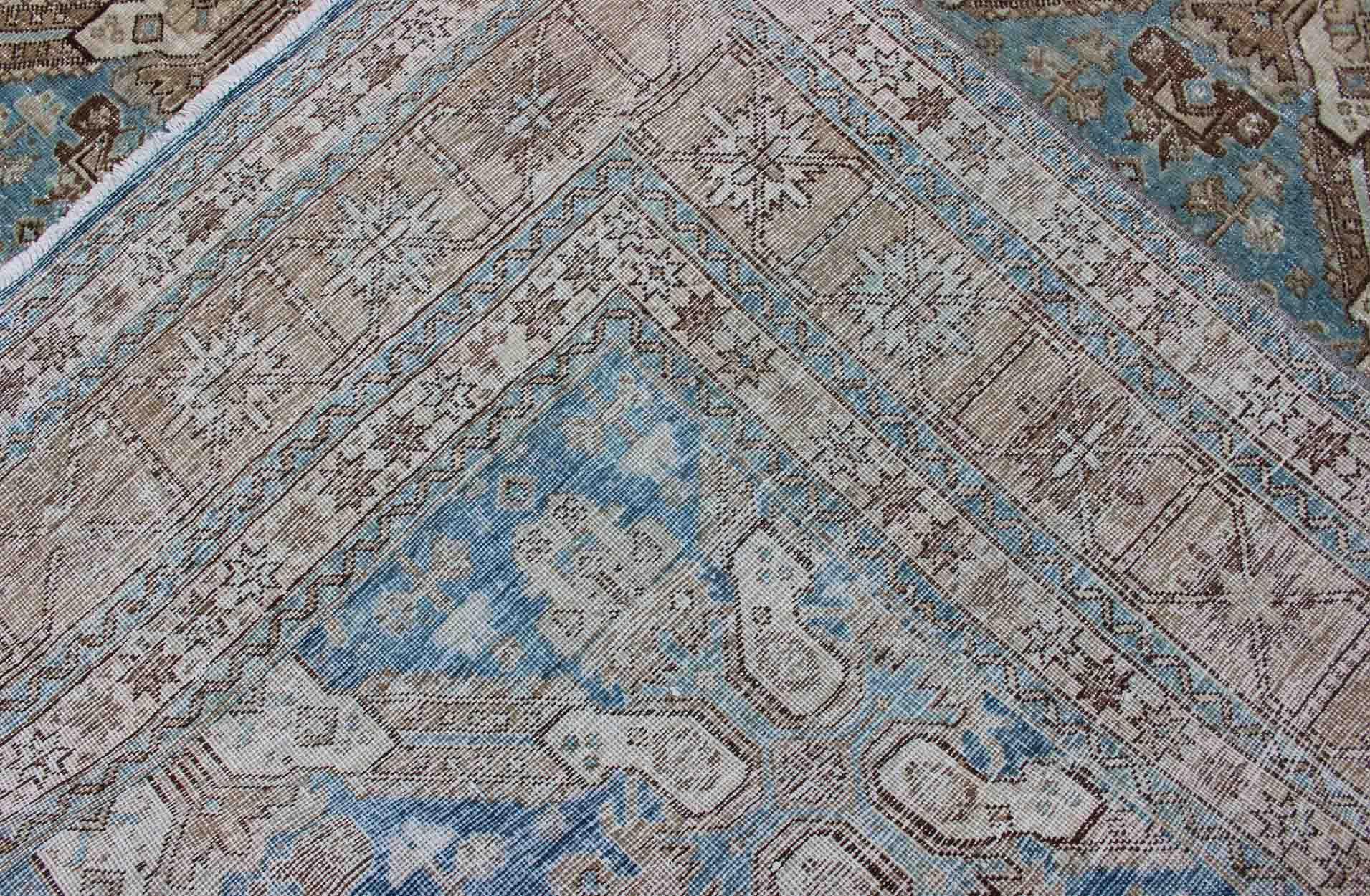 Antique All-Over Pattern Persian Geometric Tabriz Rug in Blue and Taupe For Sale 7