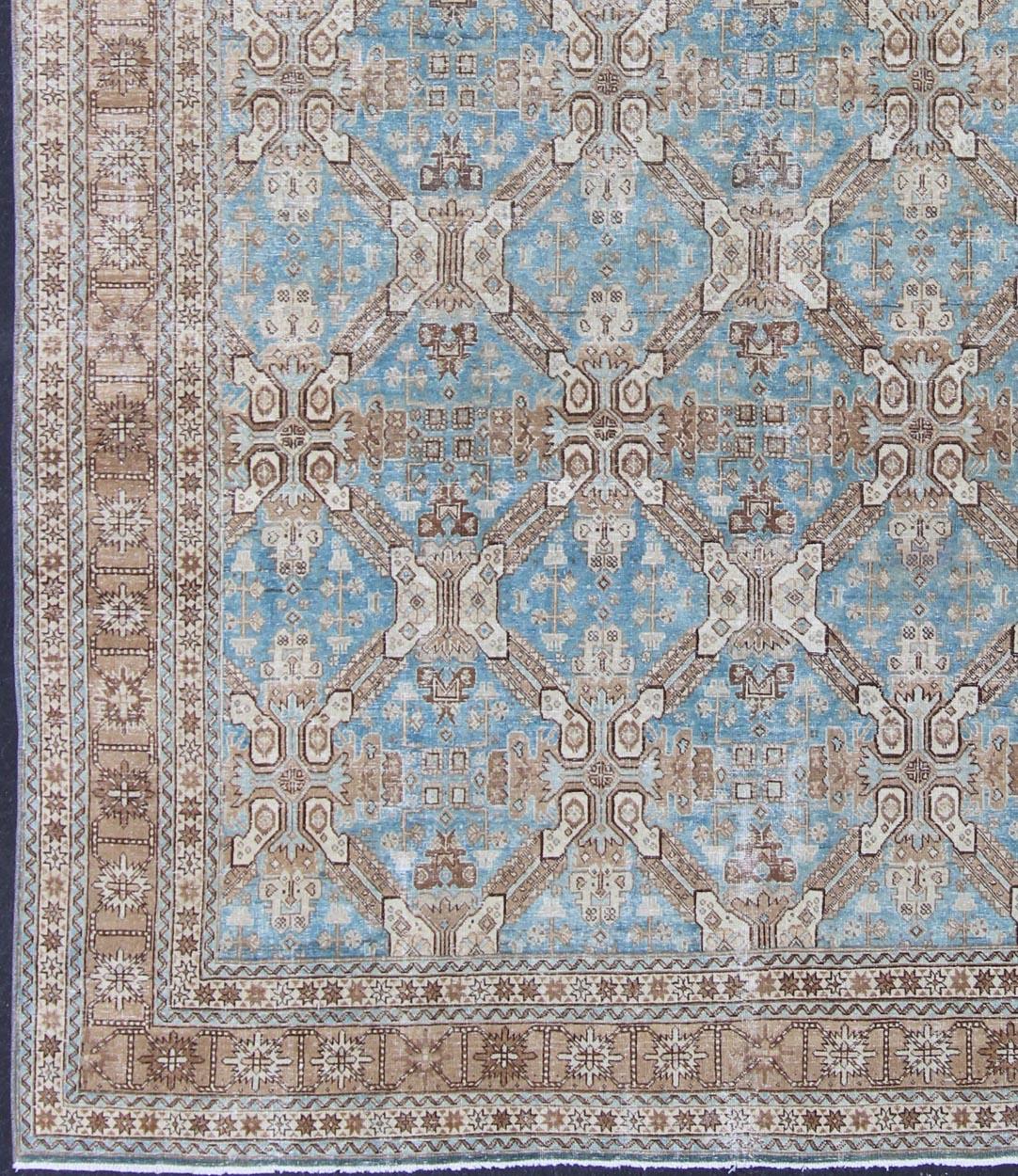 Hand-Knotted Antique All-Over Pattern Persian Geometric Tabriz Rug in Blue and Taupe For Sale