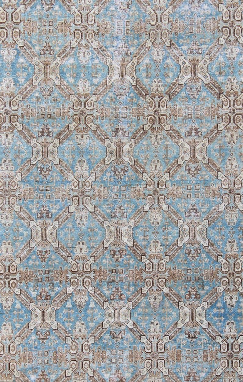 Antique All-Over Pattern Persian Geometric Tabriz Rug in Blue and Taupe In Good Condition For Sale In Atlanta, GA