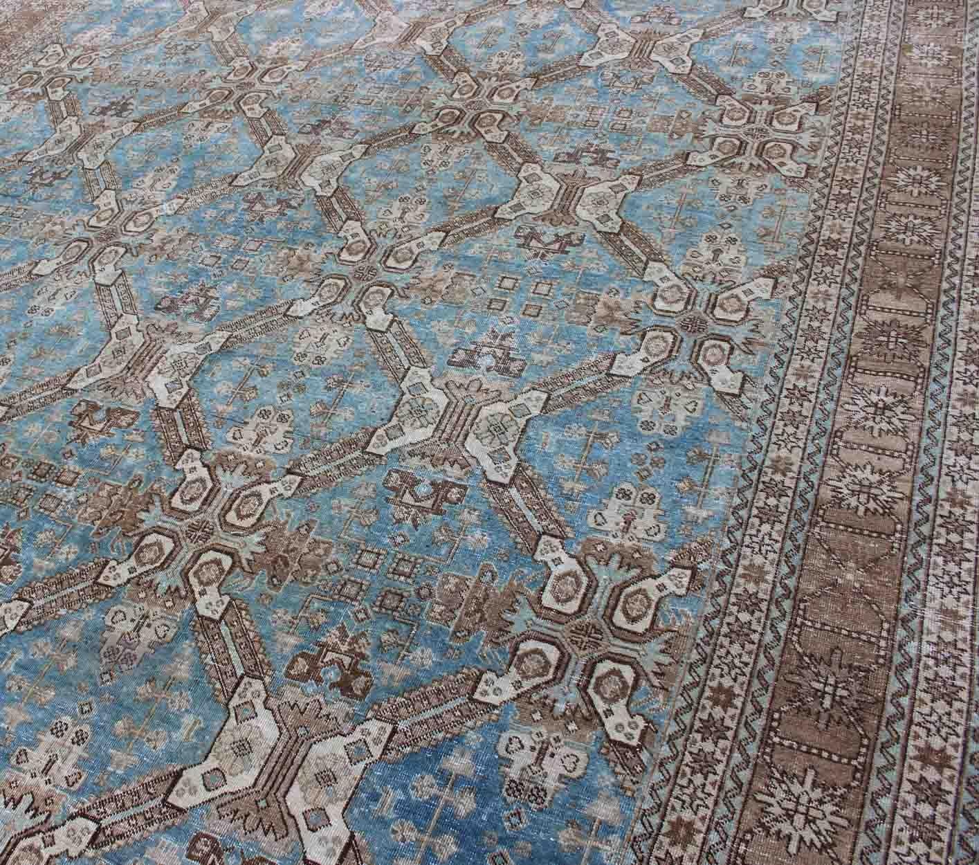 Early 20th Century Antique All-Over Pattern Persian Geometric Tabriz Rug in Blue and Taupe For Sale
