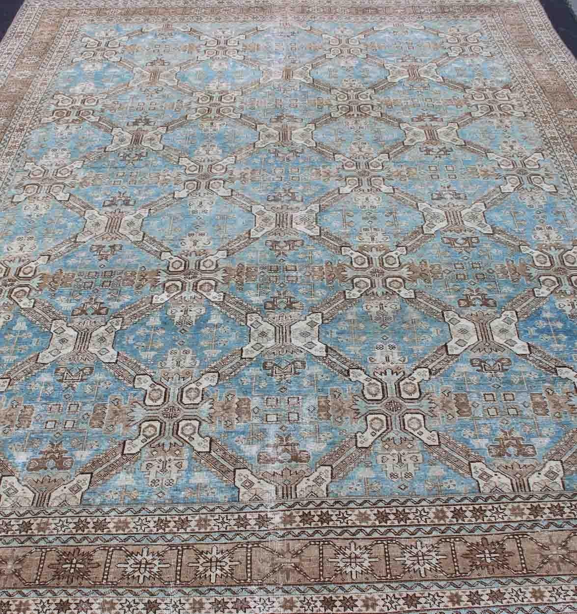 Wool Antique All-Over Pattern Persian Geometric Tabriz Rug in Blue and Taupe For Sale