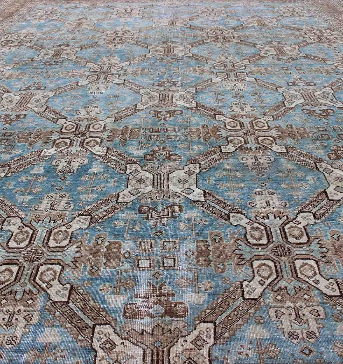 Antique All-Over Pattern Persian Geometric Tabriz Rug in Blue and Taupe For Sale 1