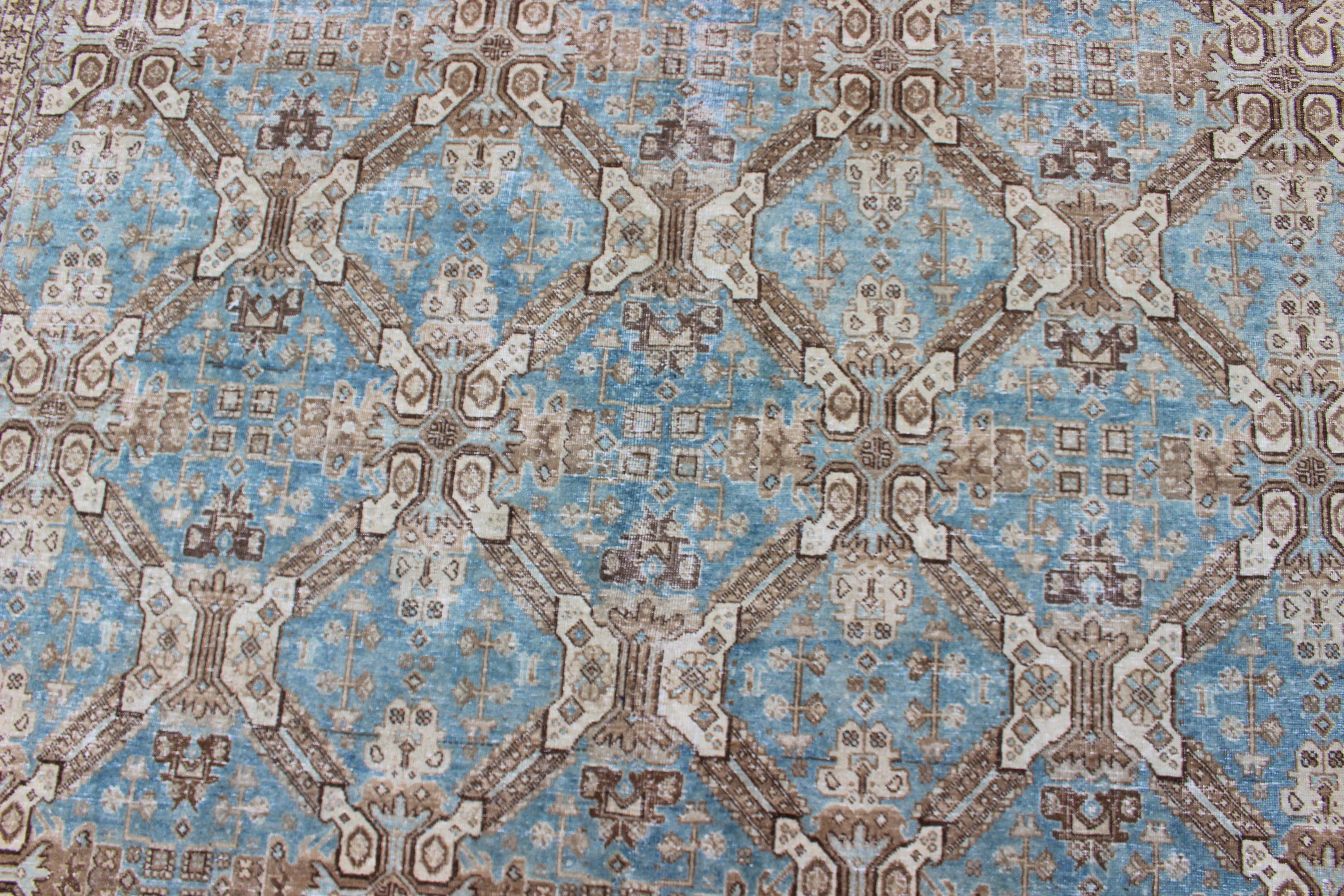 Antique All-Over Pattern Persian Geometric Tabriz Rug in Blue and Taupe For Sale 2