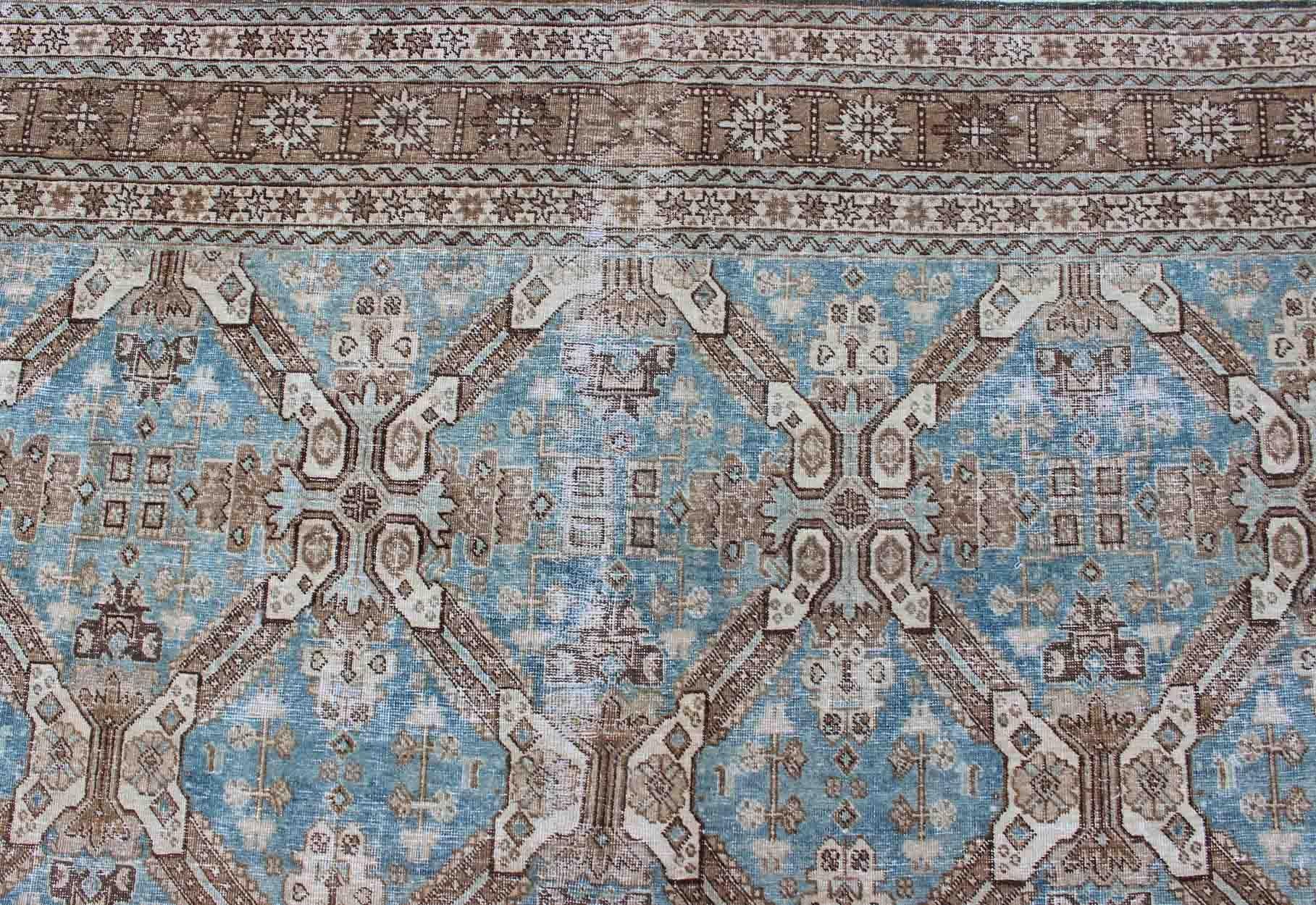 Antique All-Over Pattern Persian Geometric Tabriz Rug in Blue and Taupe For Sale 3