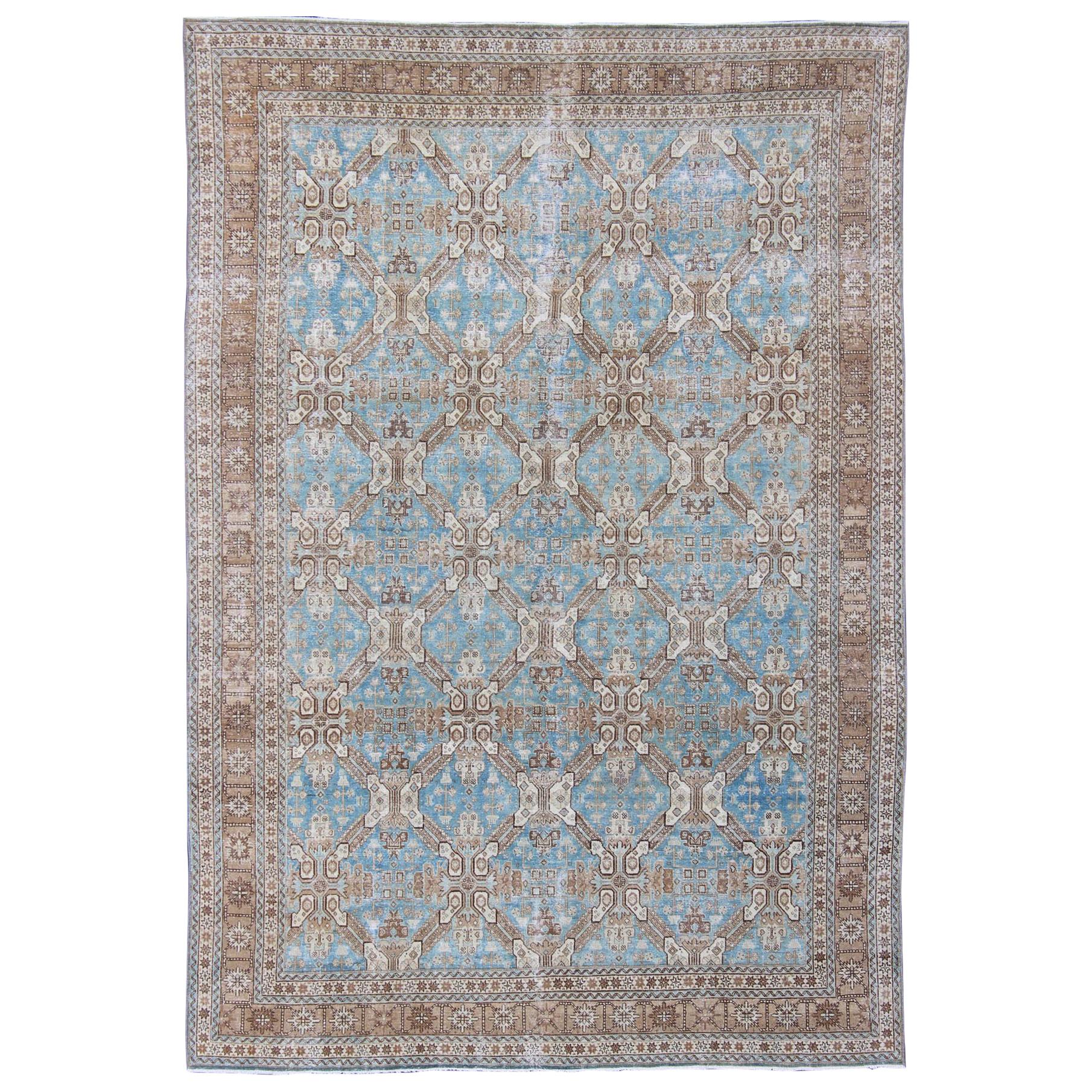 Antique All-Over Pattern Persian Geometric Tabriz Rug in Blue and Taupe For Sale