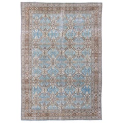 Antique All-Over Pattern Persian Geometric Tabriz Rug in Blue and Taupe