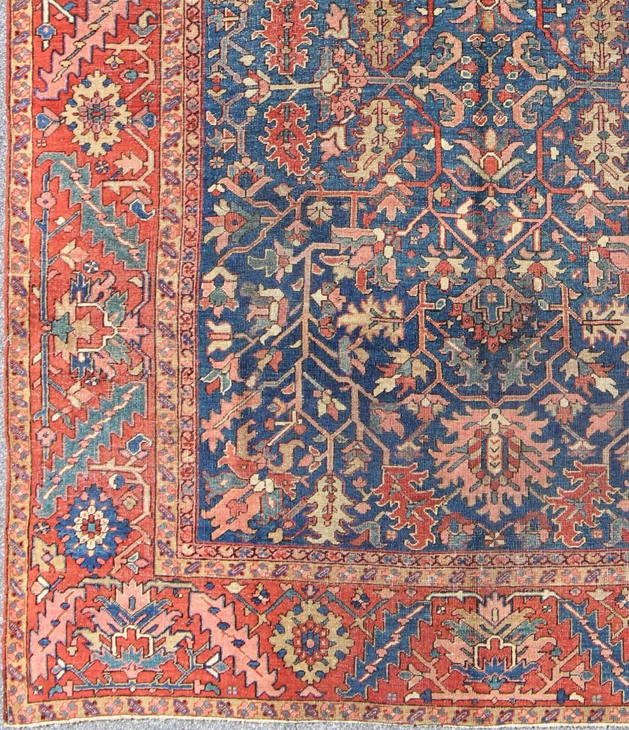 Antique All Over Persian Heriz-Serapi Geometric Rug in Midnight Blue Color. Rug/13-1201,  
Made in the early 20th Century, this antique Heriz-Serapi is characterized primarily by its pleasing allover pattern, which beautifully unfolds across the