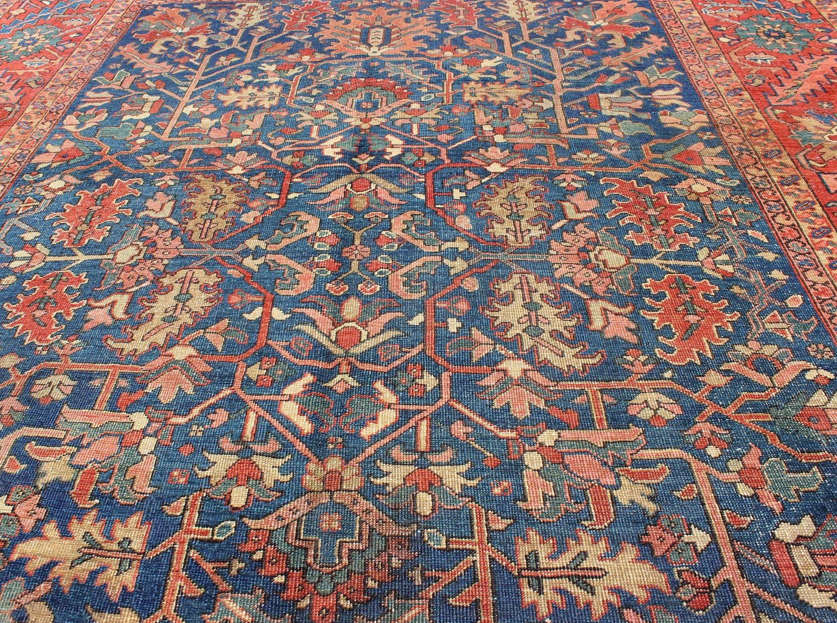 Early 20th Century Antique All Over Persian Heriz-Serapi Geometric Rug in Midnight Blue Color