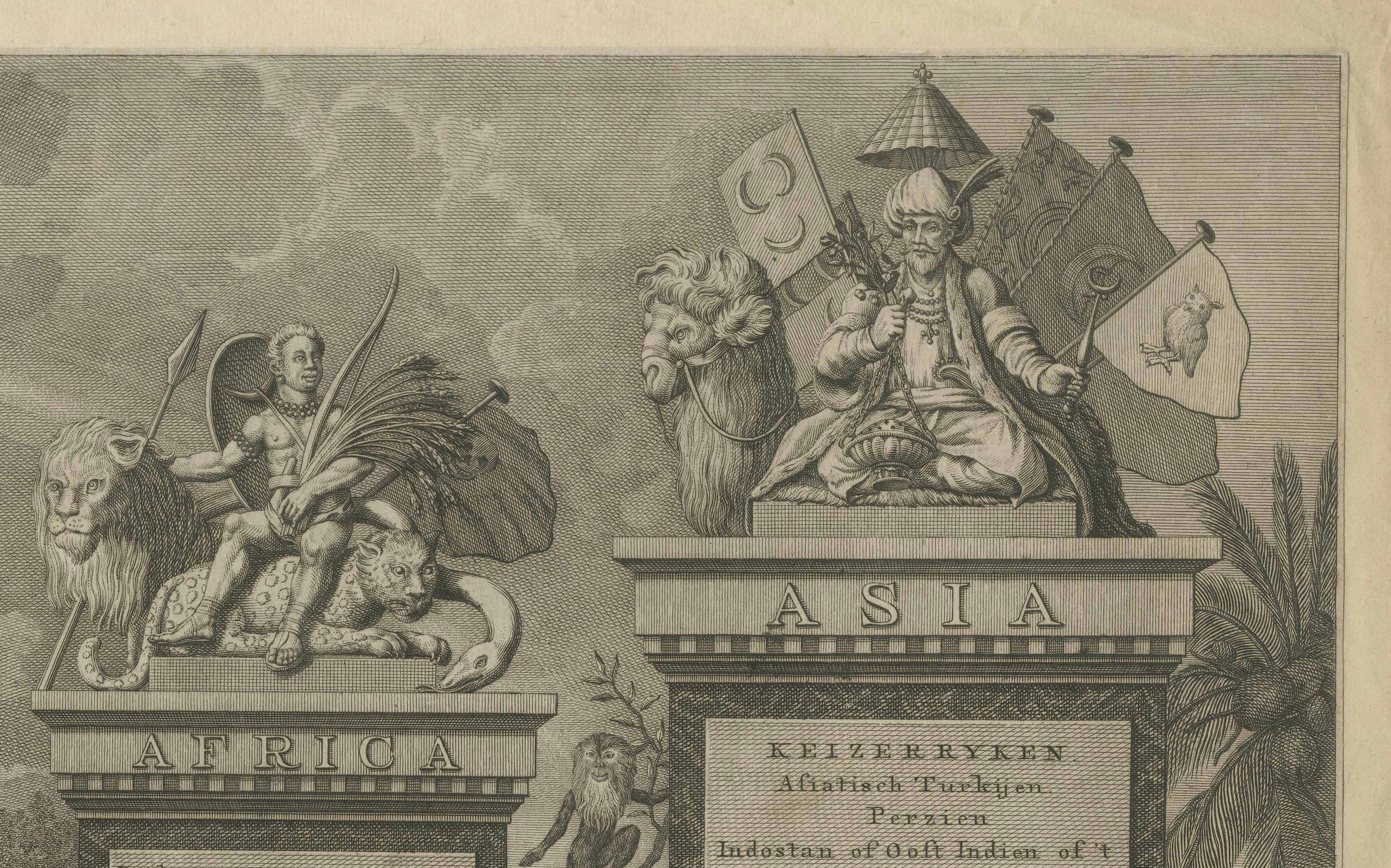 Néerlandais Gravure allégorique ancienne des quatre continents et du globe terrestre, 1798 en vente