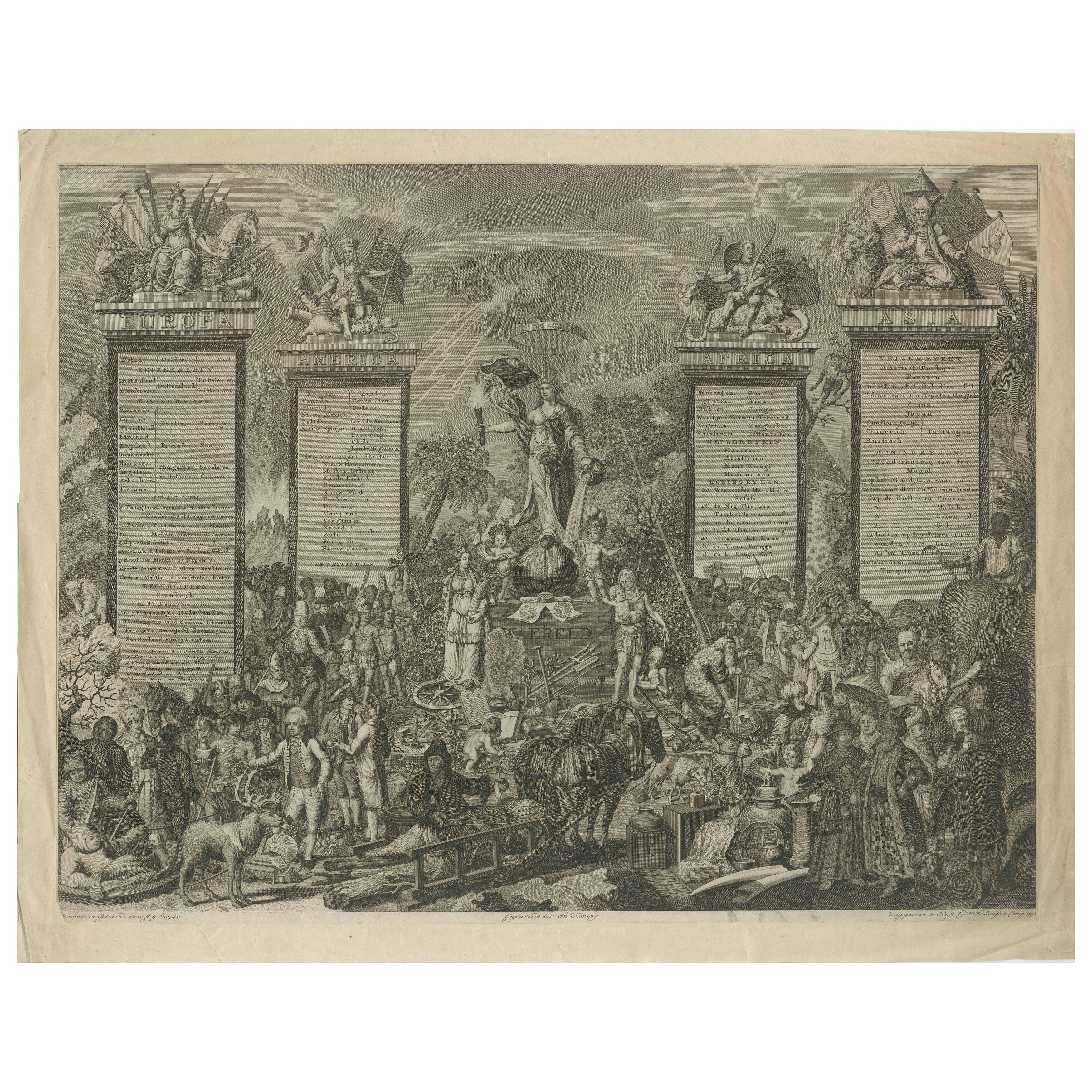 Gravure allégorique ancienne des quatre continents et du globe terrestre, 1798 en vente