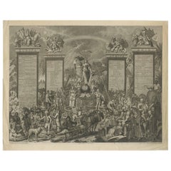 Gravure allégorique ancienne des quatre continents et du globe terrestre, 1798